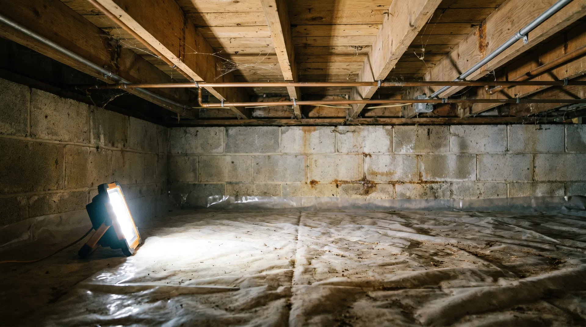 Crawl space beneath a North Carolina home showing foundation walls and vapor barrier during inspection