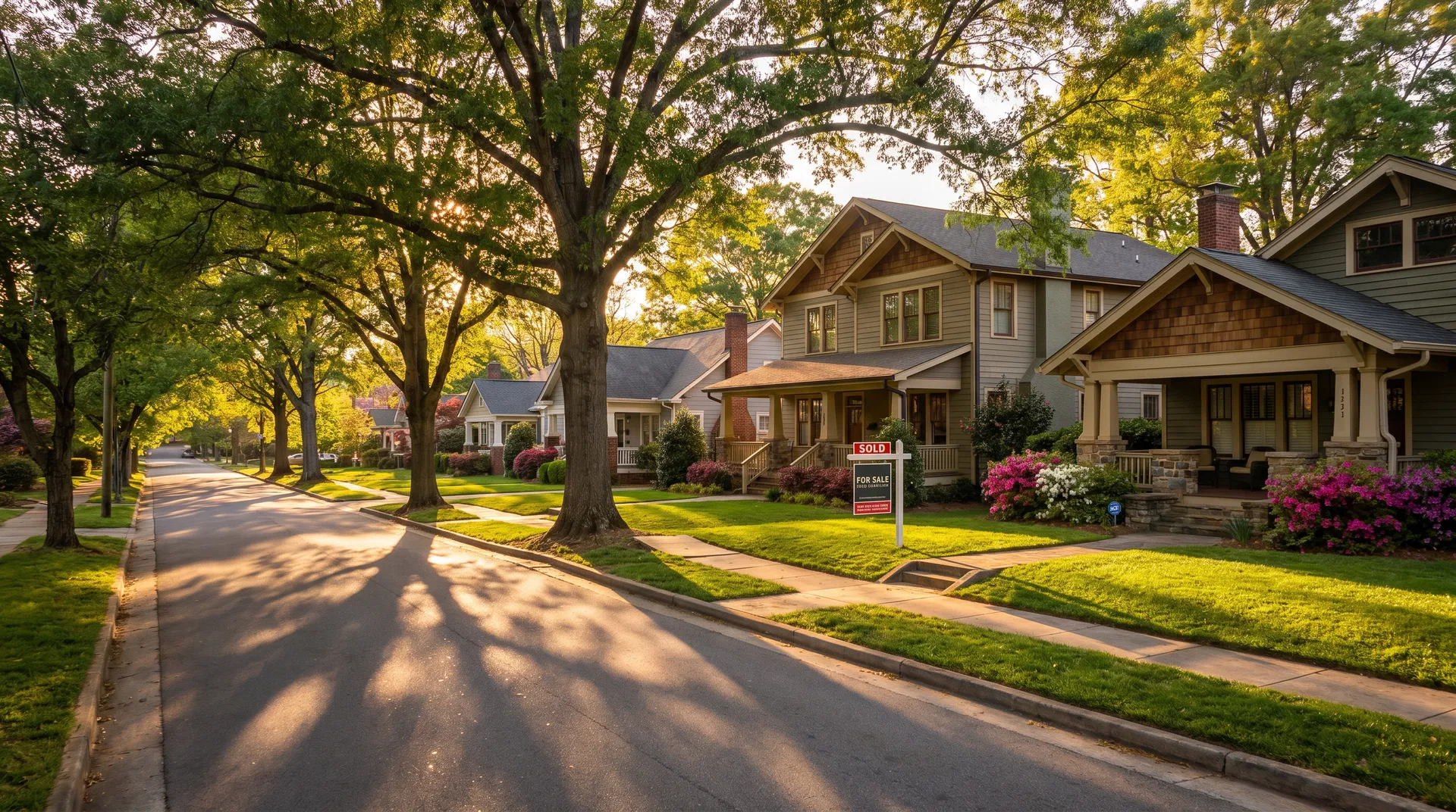 Beautiful residential neighborhood street in Greensboro NC with craftsman homes and mature trees at golden hour