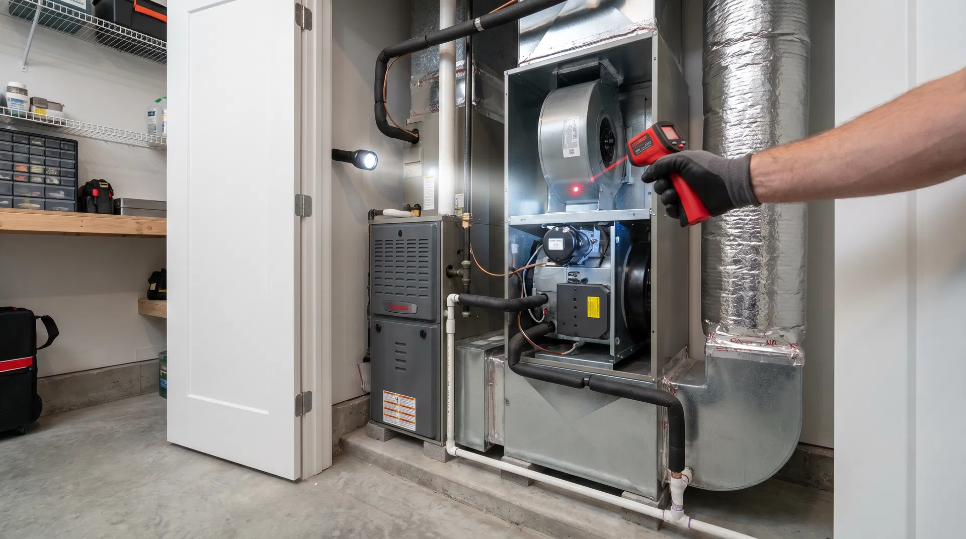 Home inspector using infrared thermometer to check HVAC system components in a residential utility closet