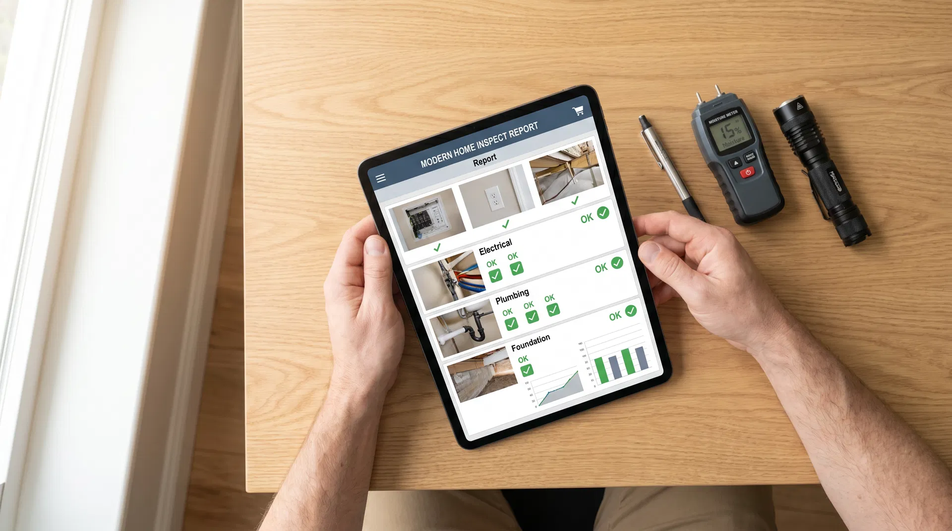 Home inspector reviewing a modern digital inspection report on a tablet with moisture meter and flashlight nearby