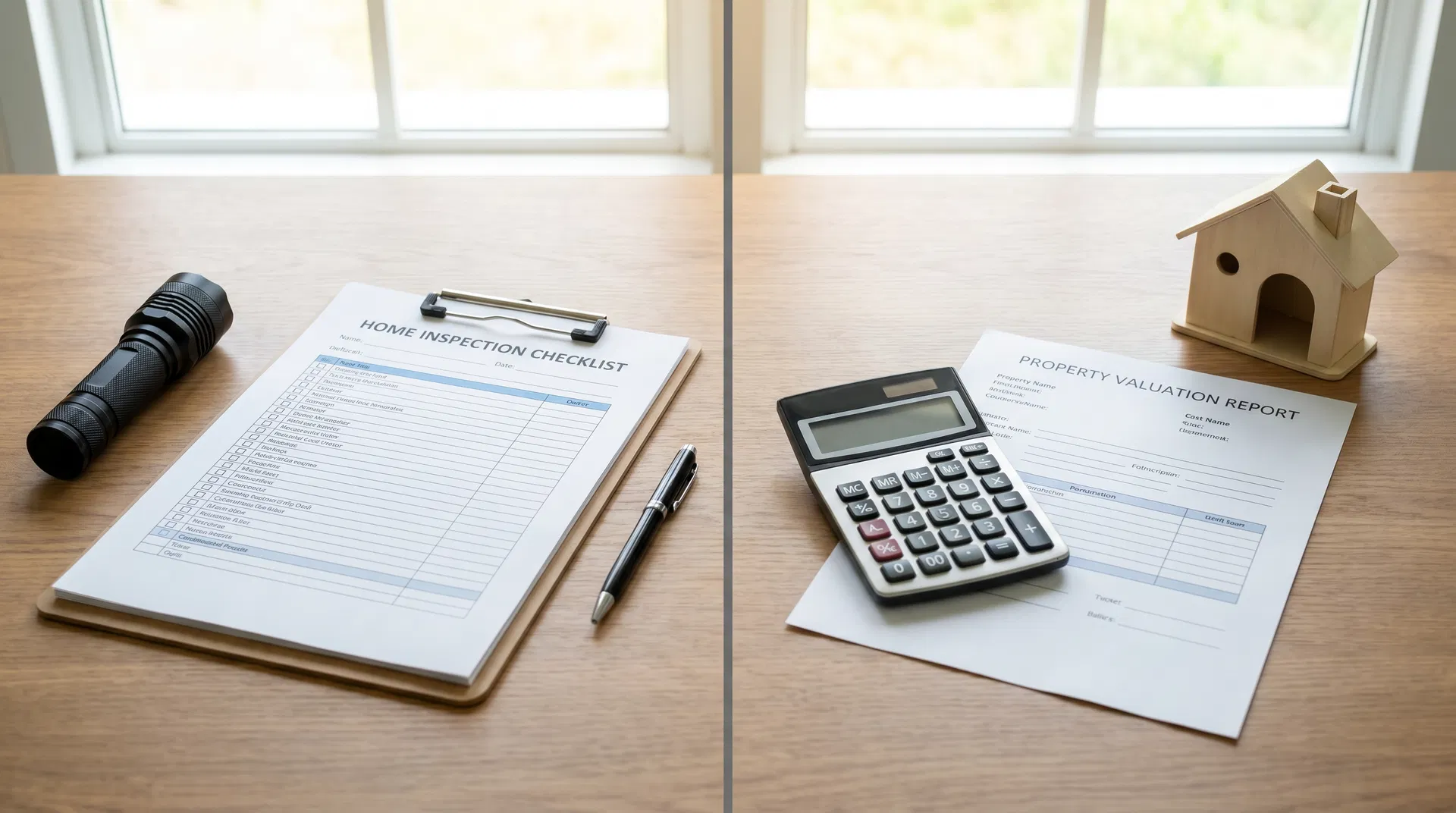 Side-by-side comparison of a home inspection checklist and a property valuation report