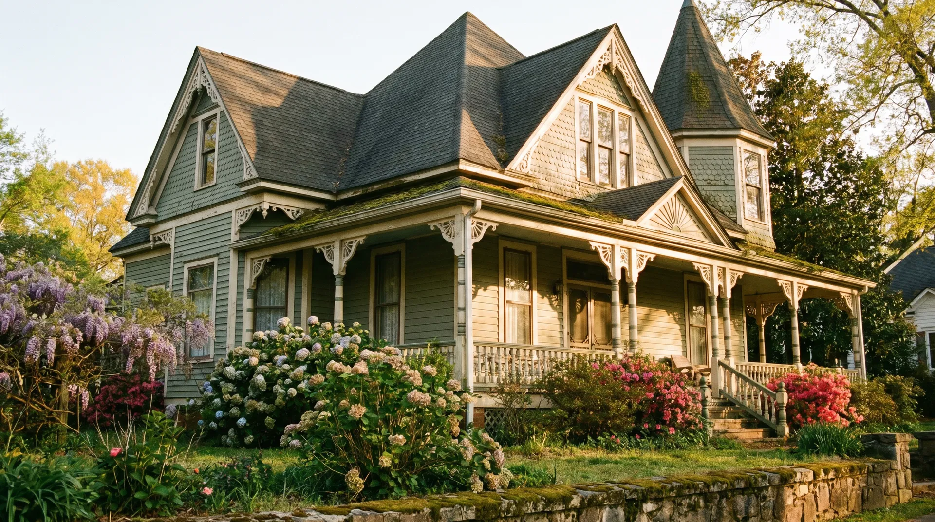 Charming older Victorian-era home in a small North Carolina town with wraparound porch and mature landscaping