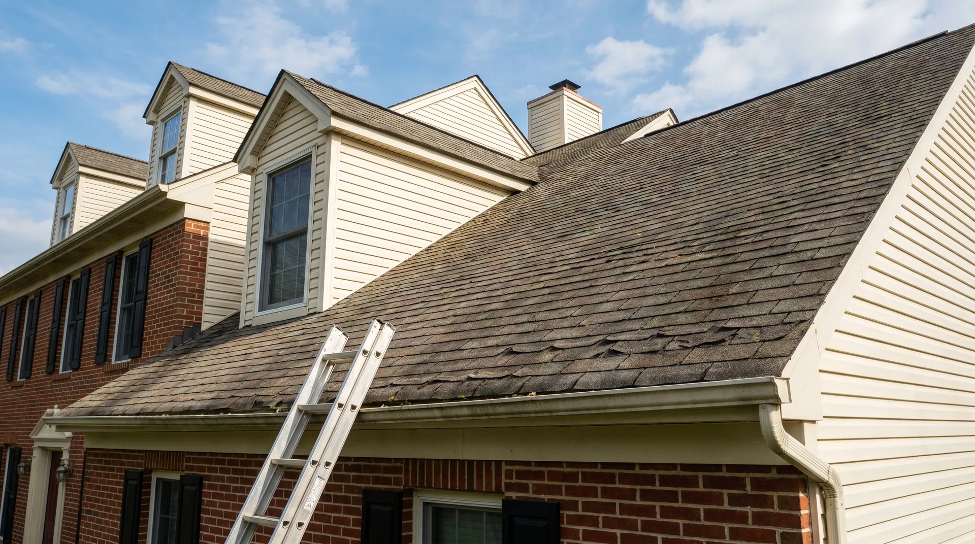 Residential roof with aging asphalt shingles and ladder during a home inspection in Burlington NC