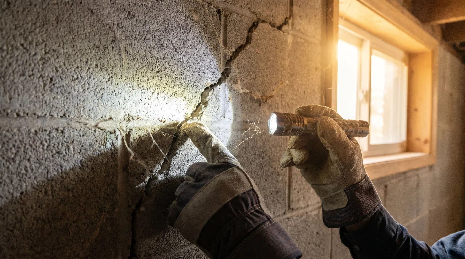 Home inspector examining a foundation crack with a flashlight during a North Carolina home inspection
