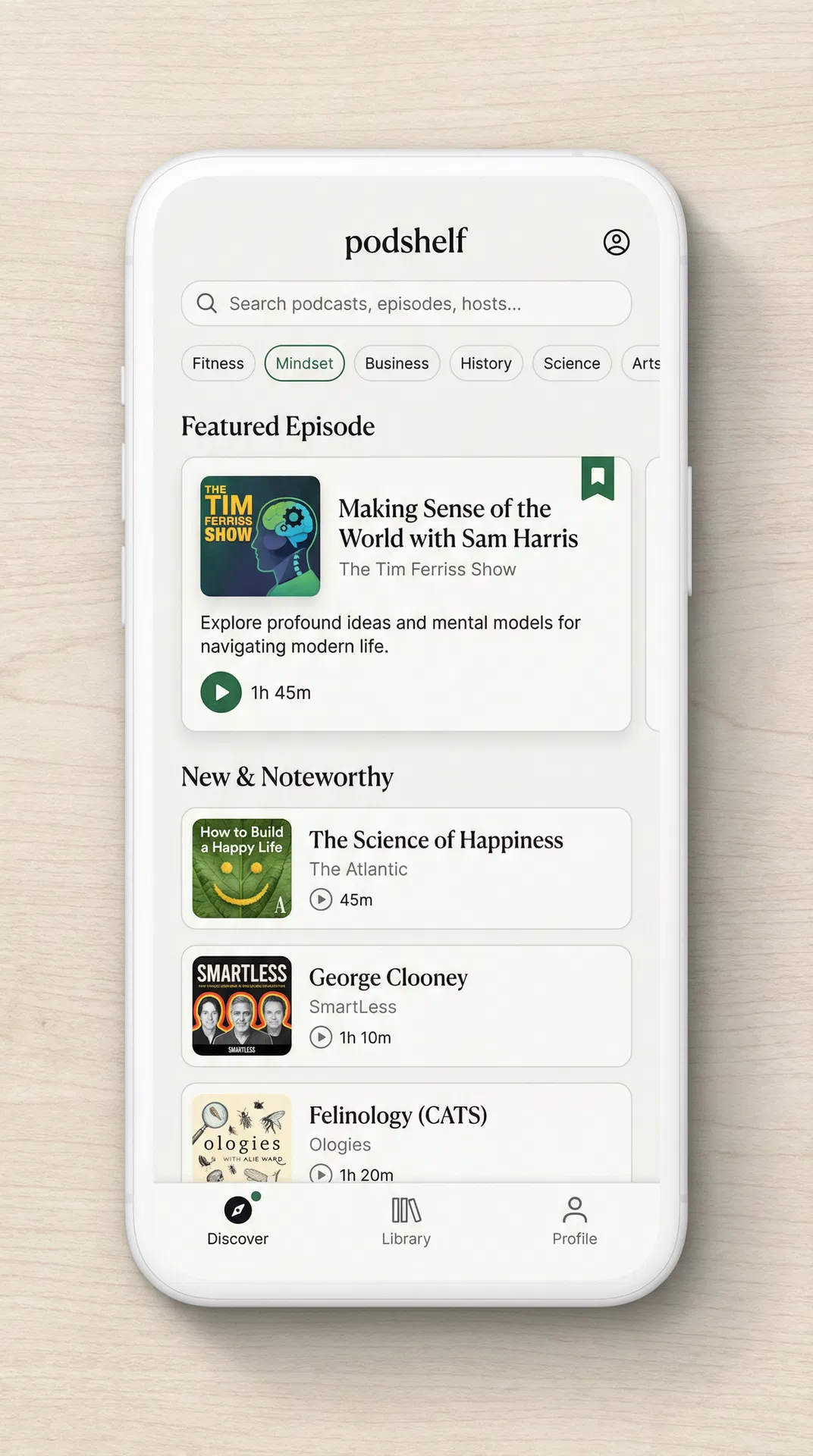 podshelf app interface showing episode discovery