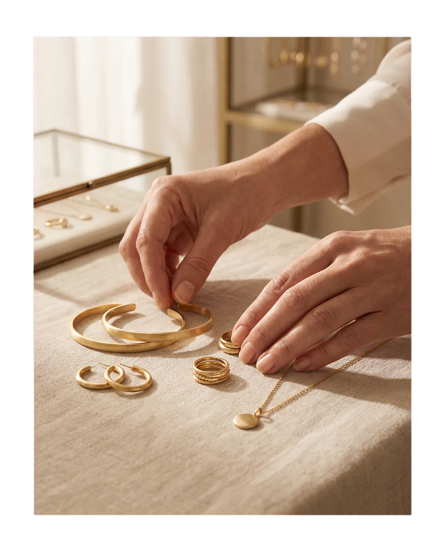 Hands carefully arranging jewelry from the final collection