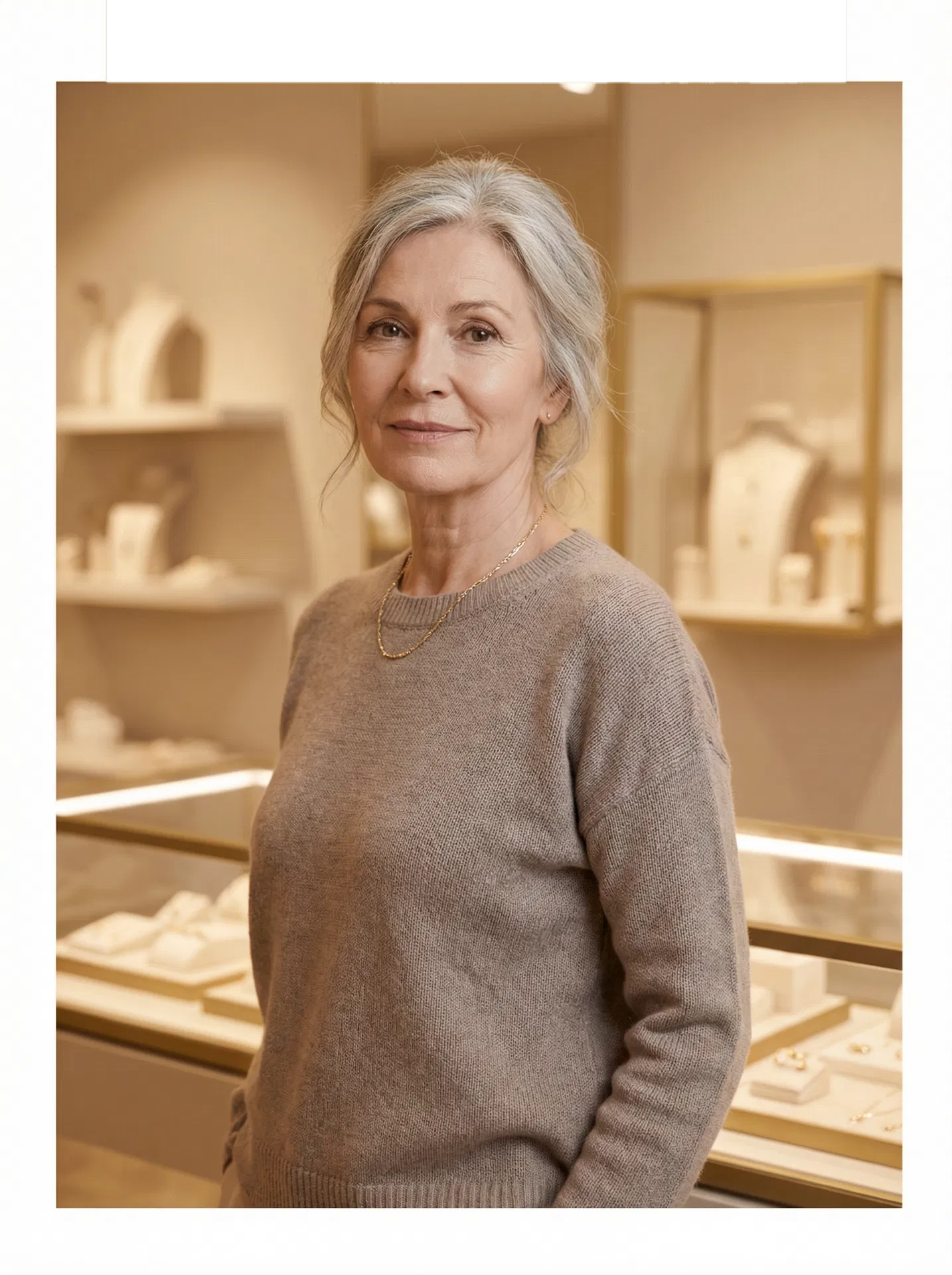 Warm portrait of Marie in a quiet jewelry boutique