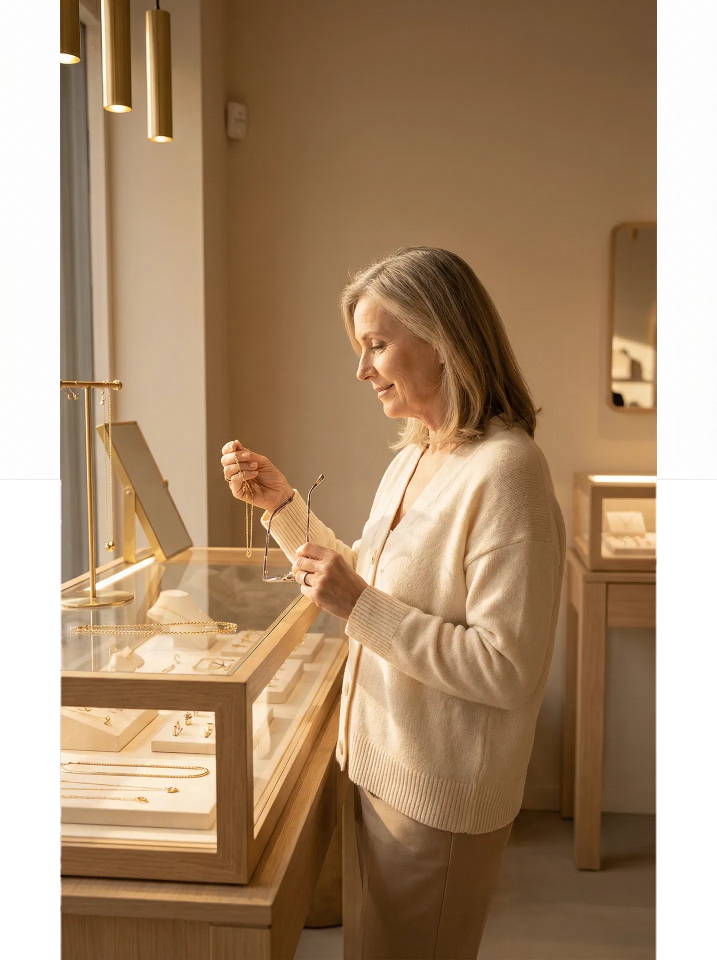 Marie quietly looking at the last jewelry pieces inside her boutique
