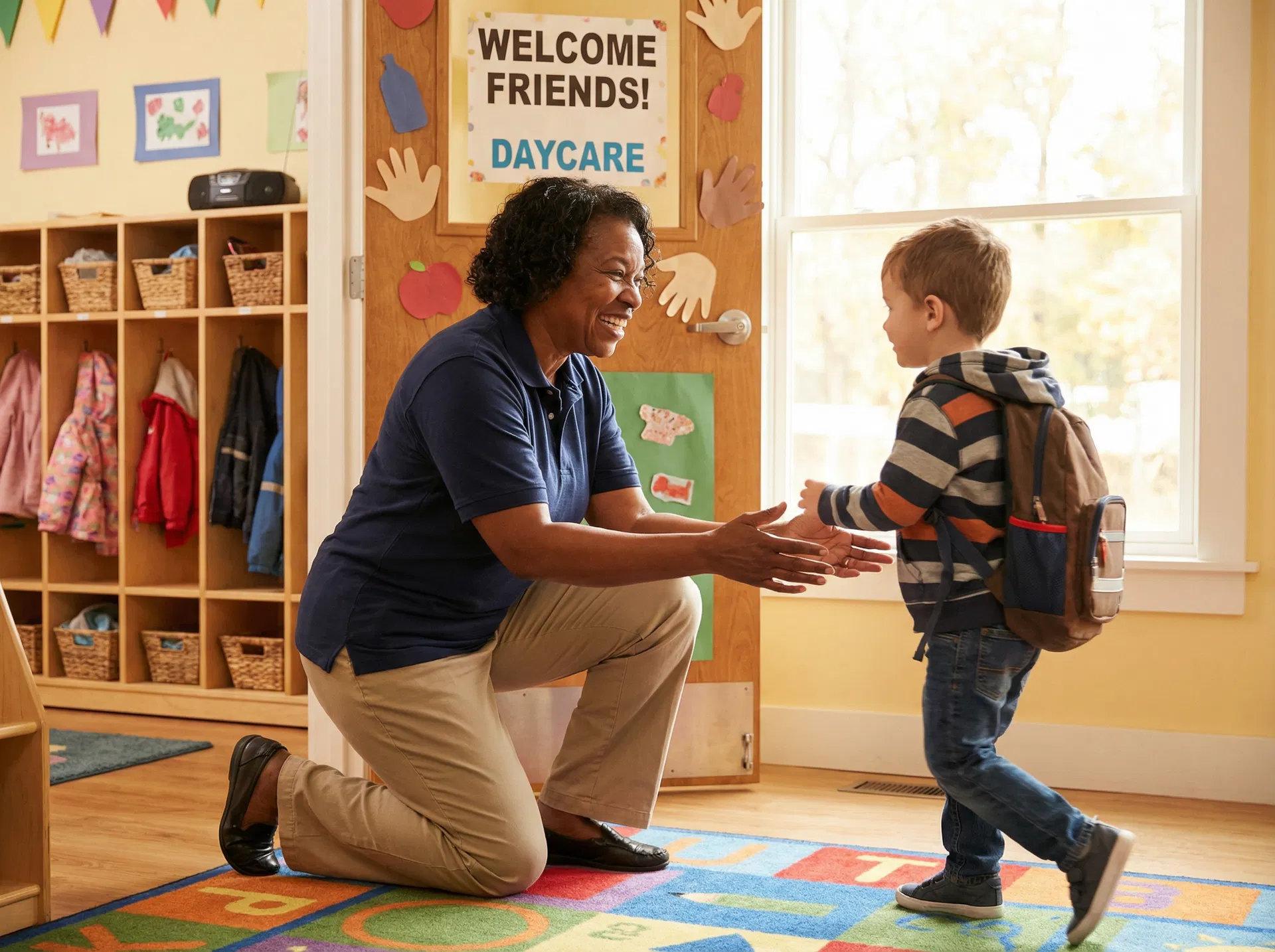 Childcare provider welcoming a child