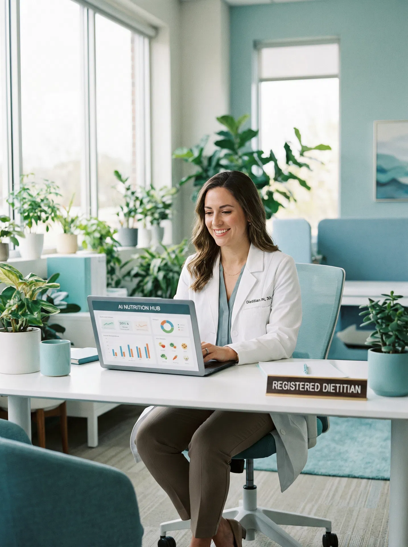 Dietitian working with AI tools on laptop