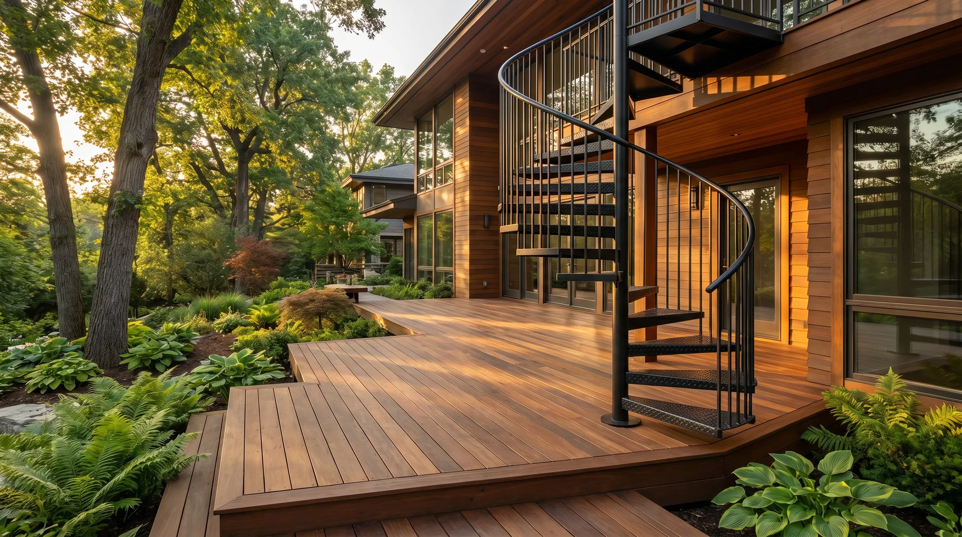 Premium outdoor spiral staircase on a cedar deck