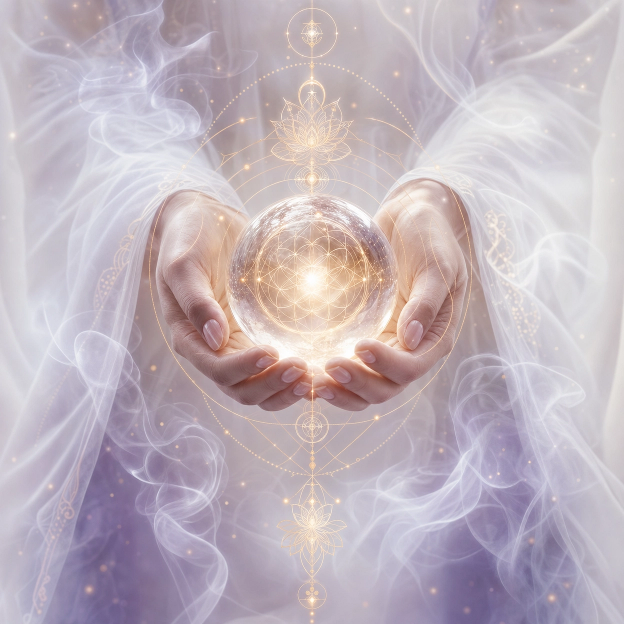 Basehou voyant médium spirituel - mains tenant une boule de cristal avec géométrie sacrée