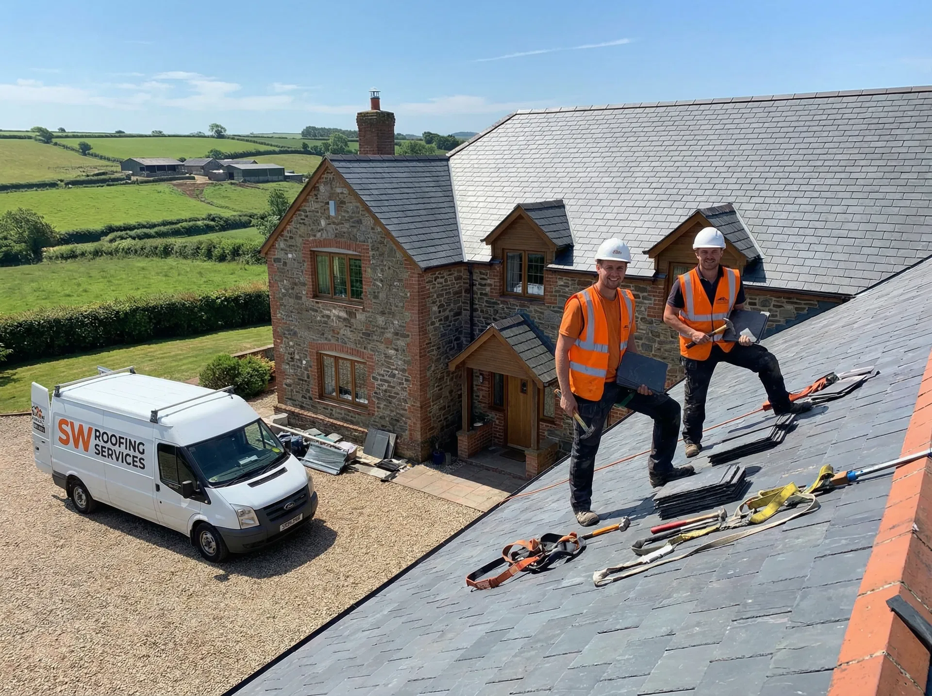 SW Roofing Services team on a completed slate roof with branded van in Devon