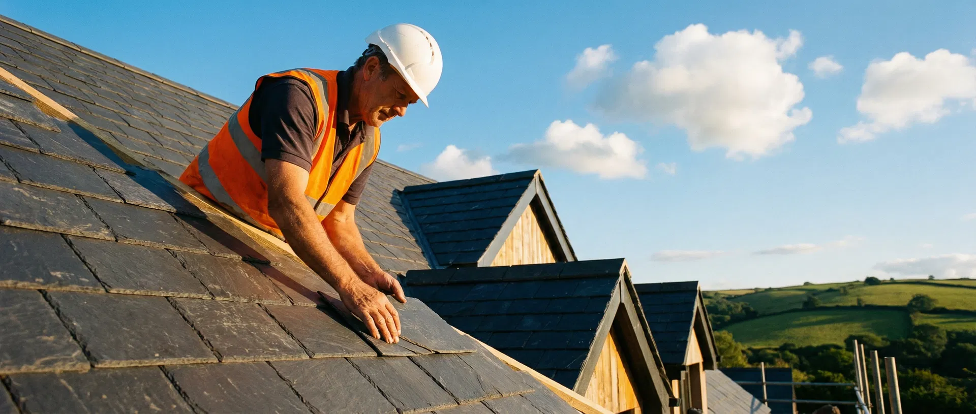 Professional roofer laying slate tiles on a bright sunny day in Devon
