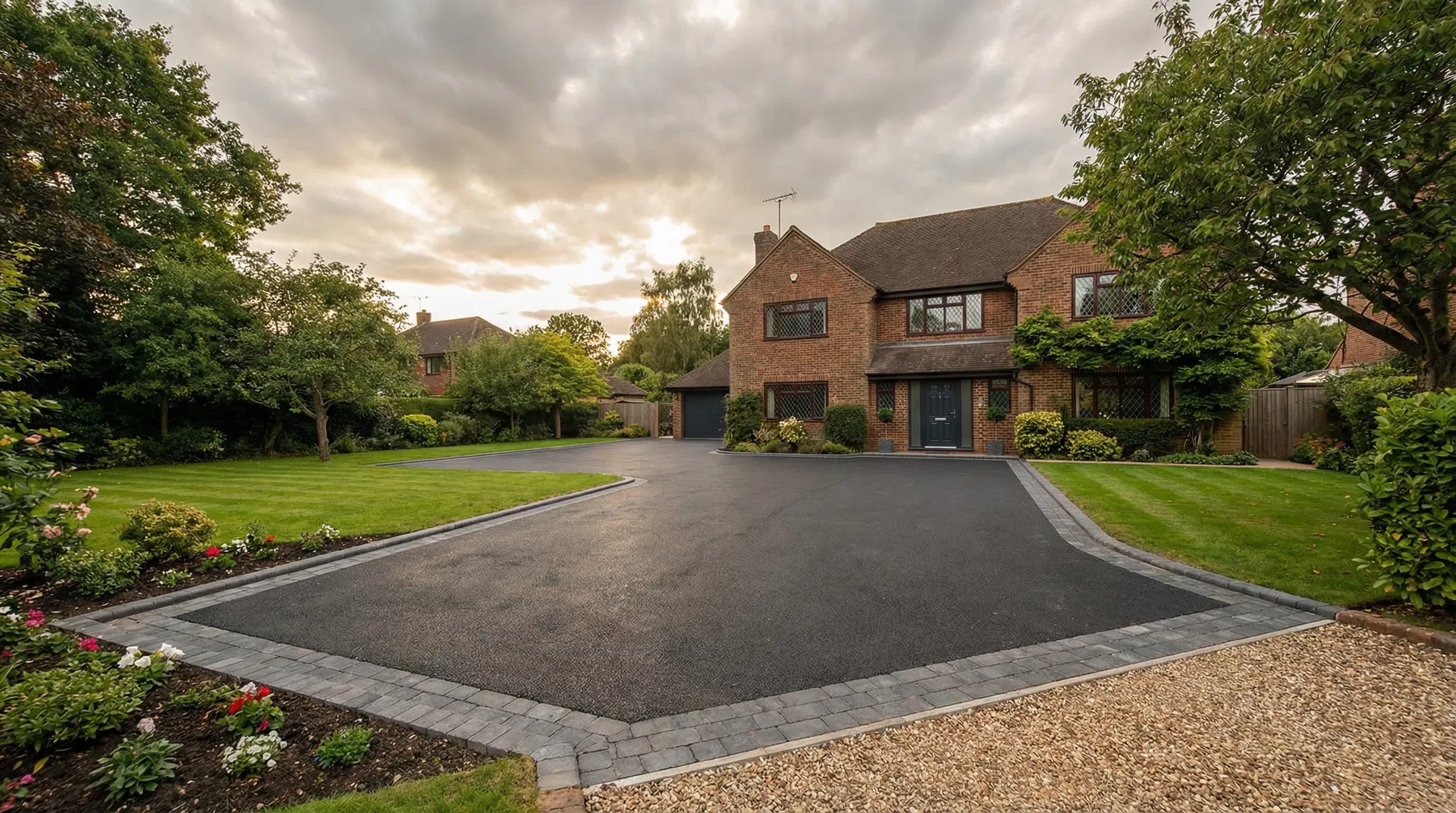 Professional tarmac driveway with block paving edging