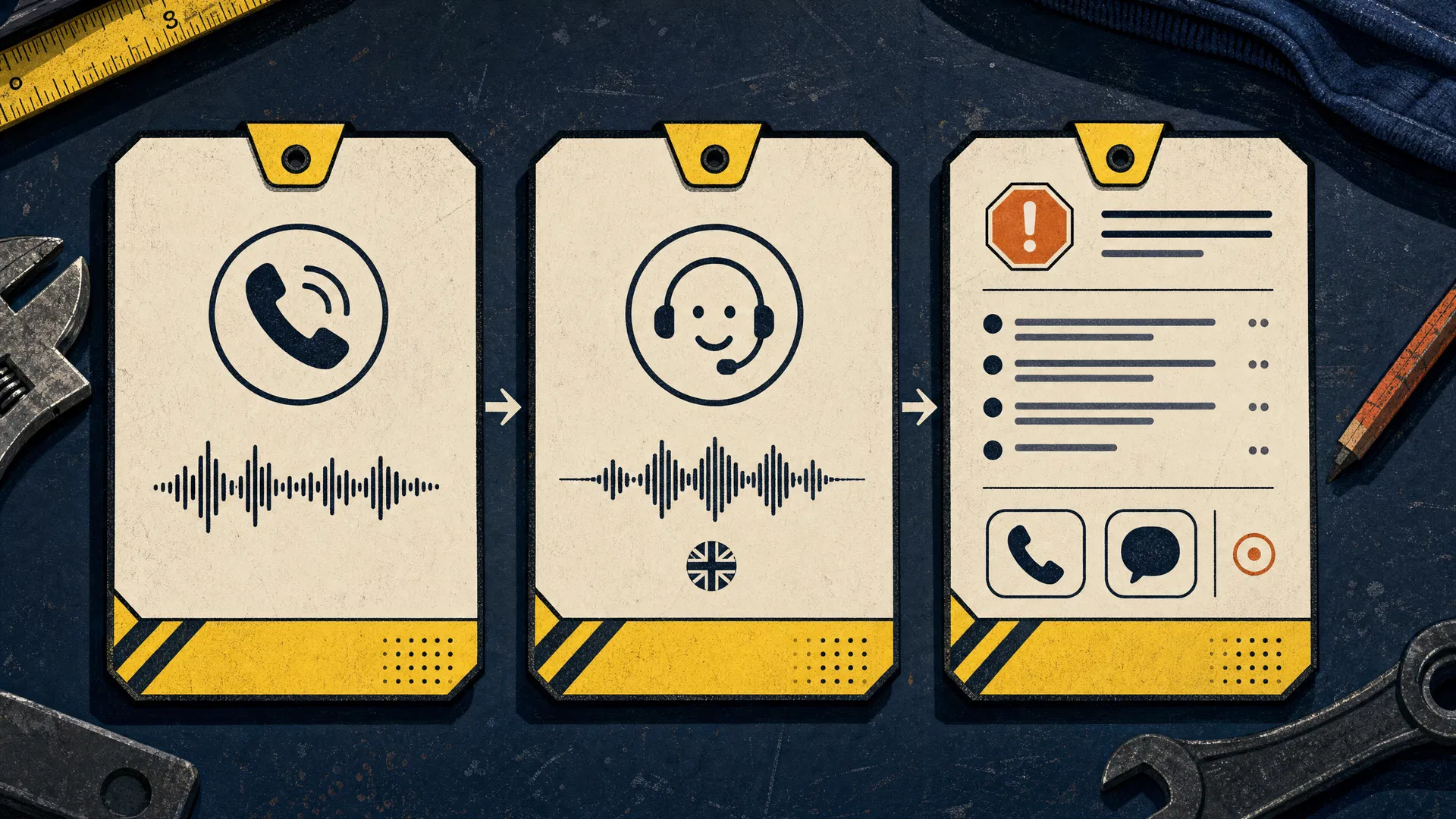Yellow call flow shown as job ticket cards