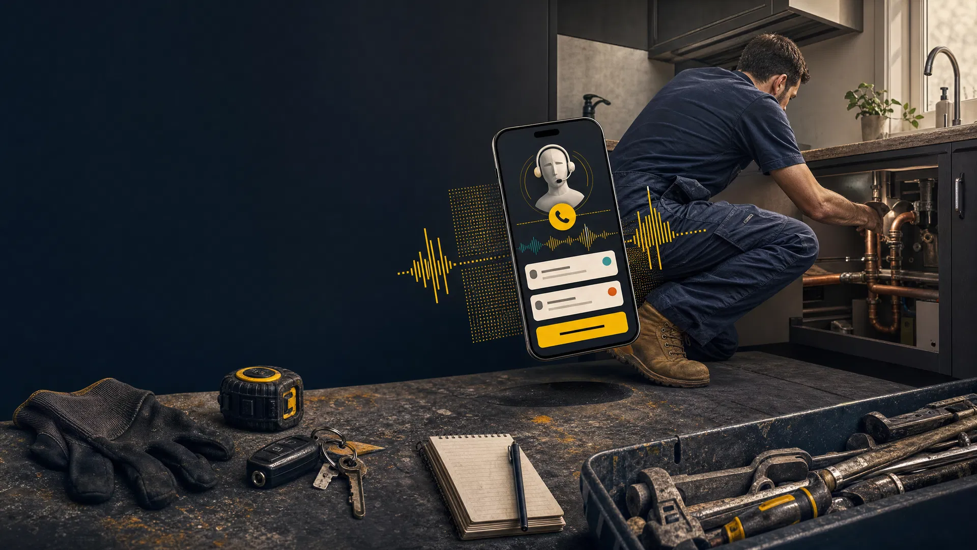 Tradesperson working while Yellow answers an incoming call