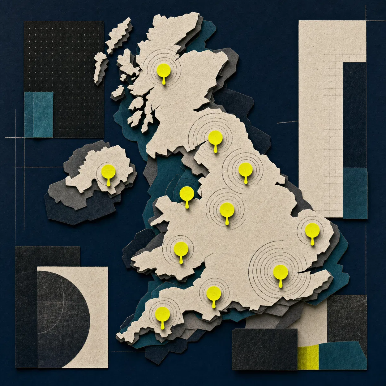 Stylised UK map showing Yellow regional voice coverage
