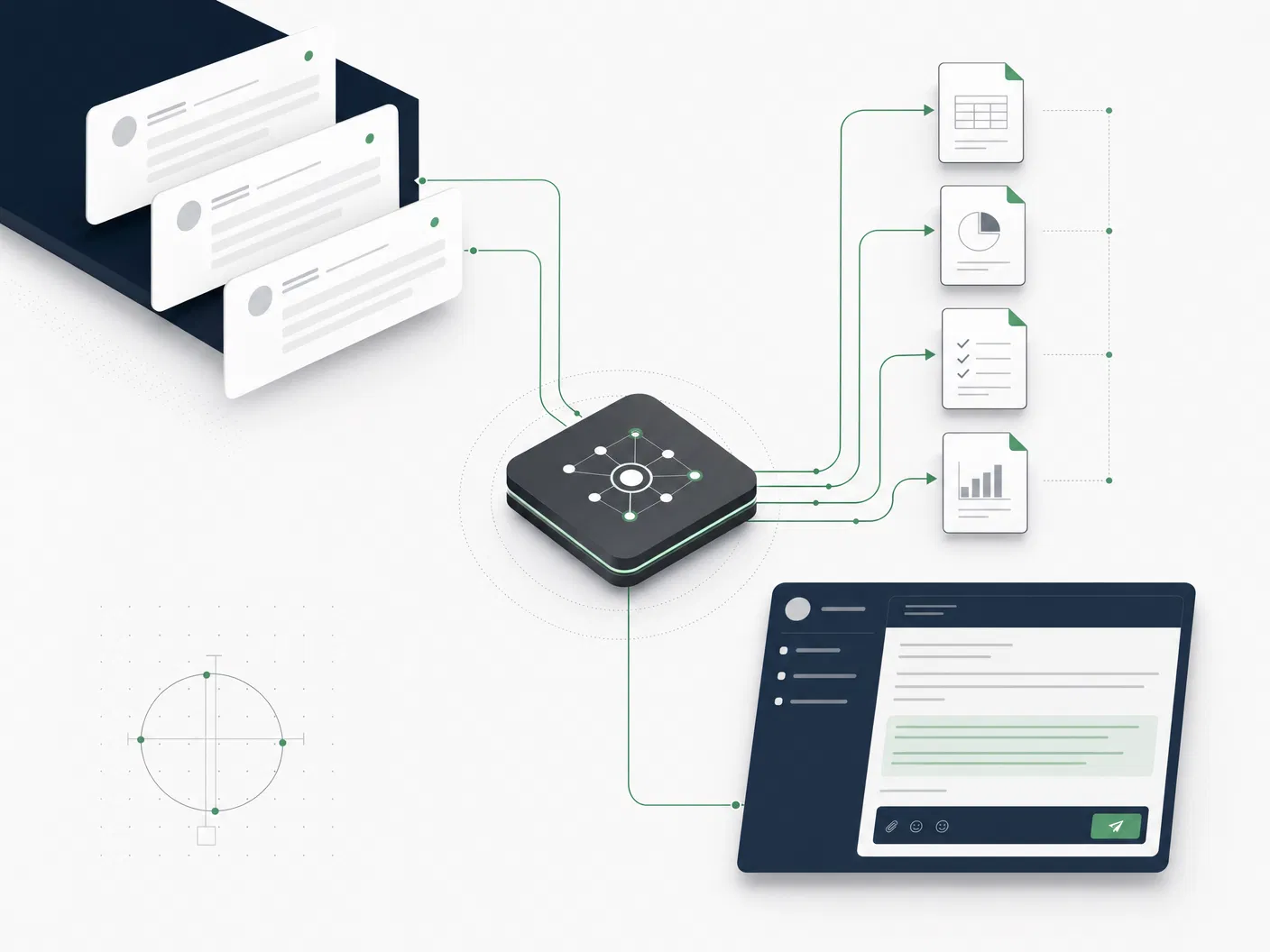 AI routing illustration connecting email requests to documents and replies