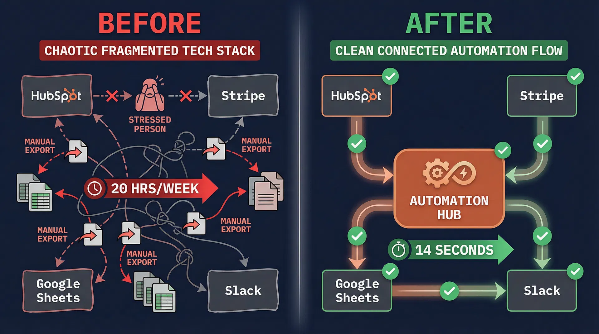 Before: chaotic fragmented tech stack with manual exports. After: clean connected automation hub delivering reports in 14 seconds.