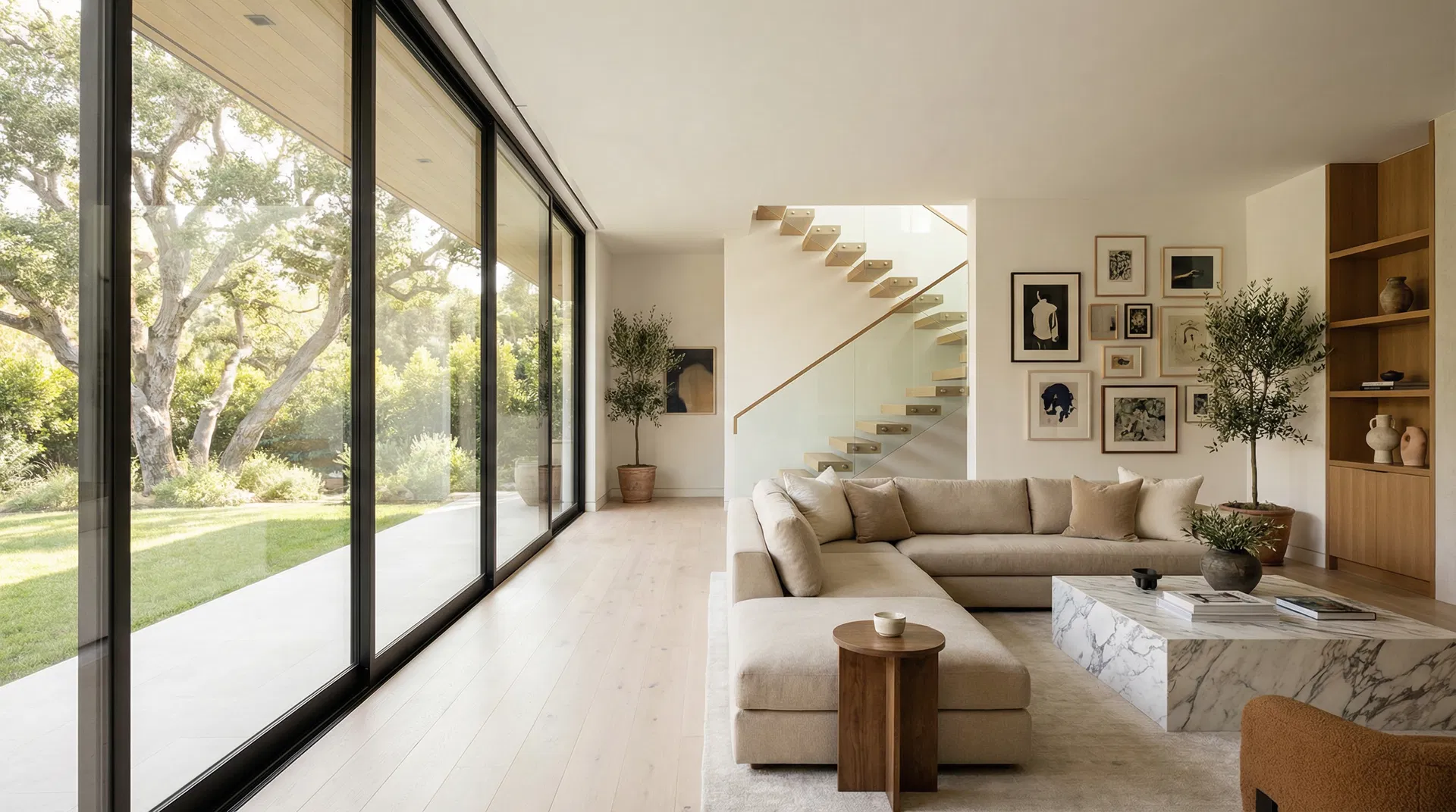 Modern contemporary Los Angeles home interior with open living space, floating staircase, and floor-to-ceiling windows