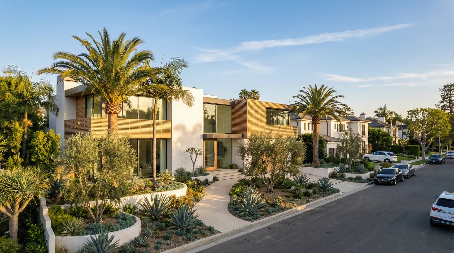 Modern luxury home exterior on a tree-lined Los Angeles street