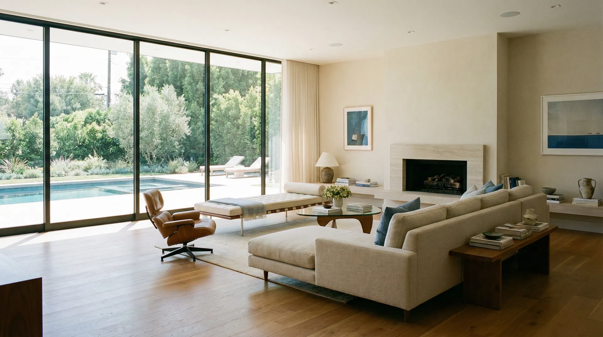Modern luxury living room in a Los Angeles home with floor-to-ceiling windows