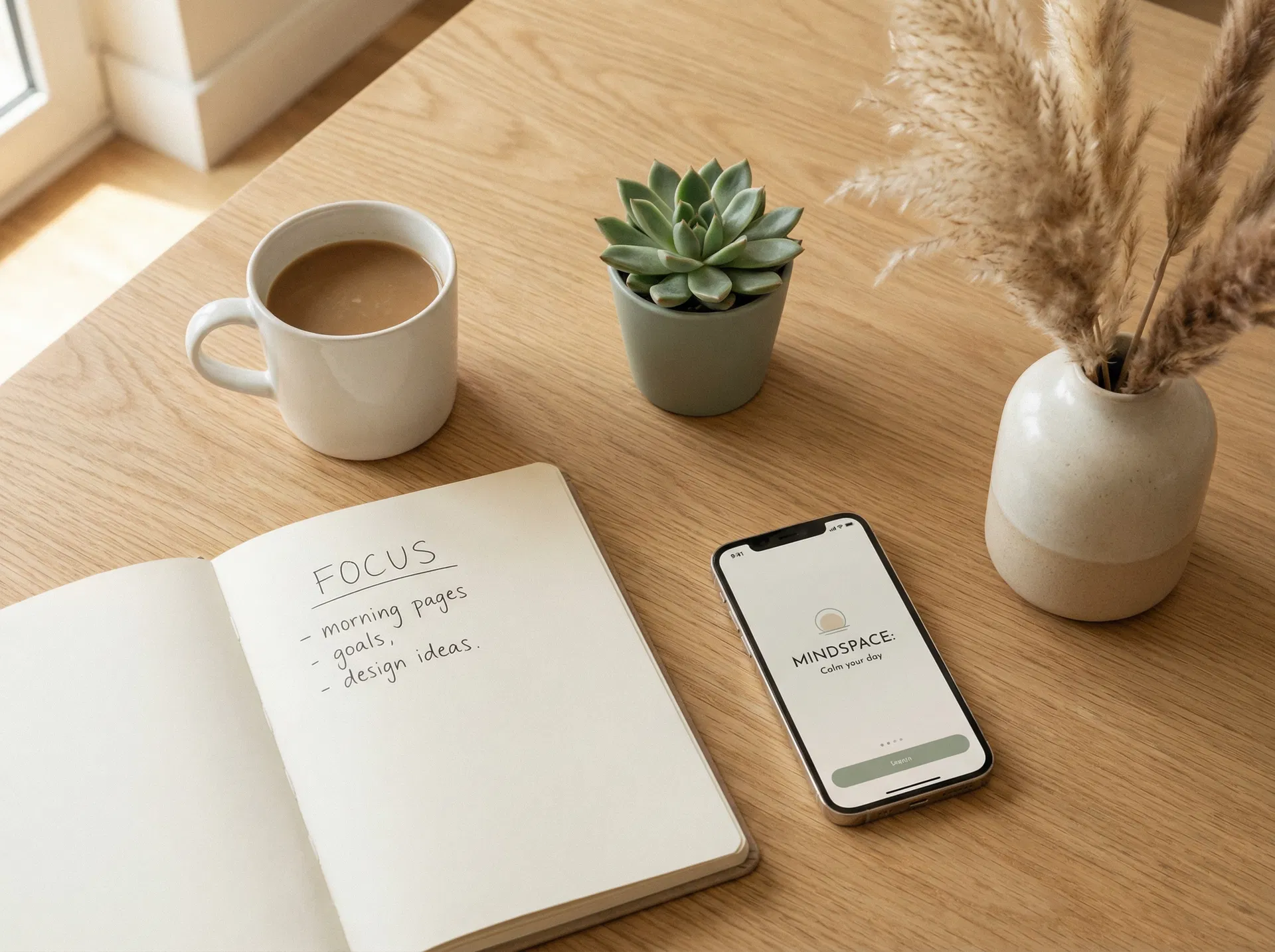 Cozy home workspace with notebook and coffee