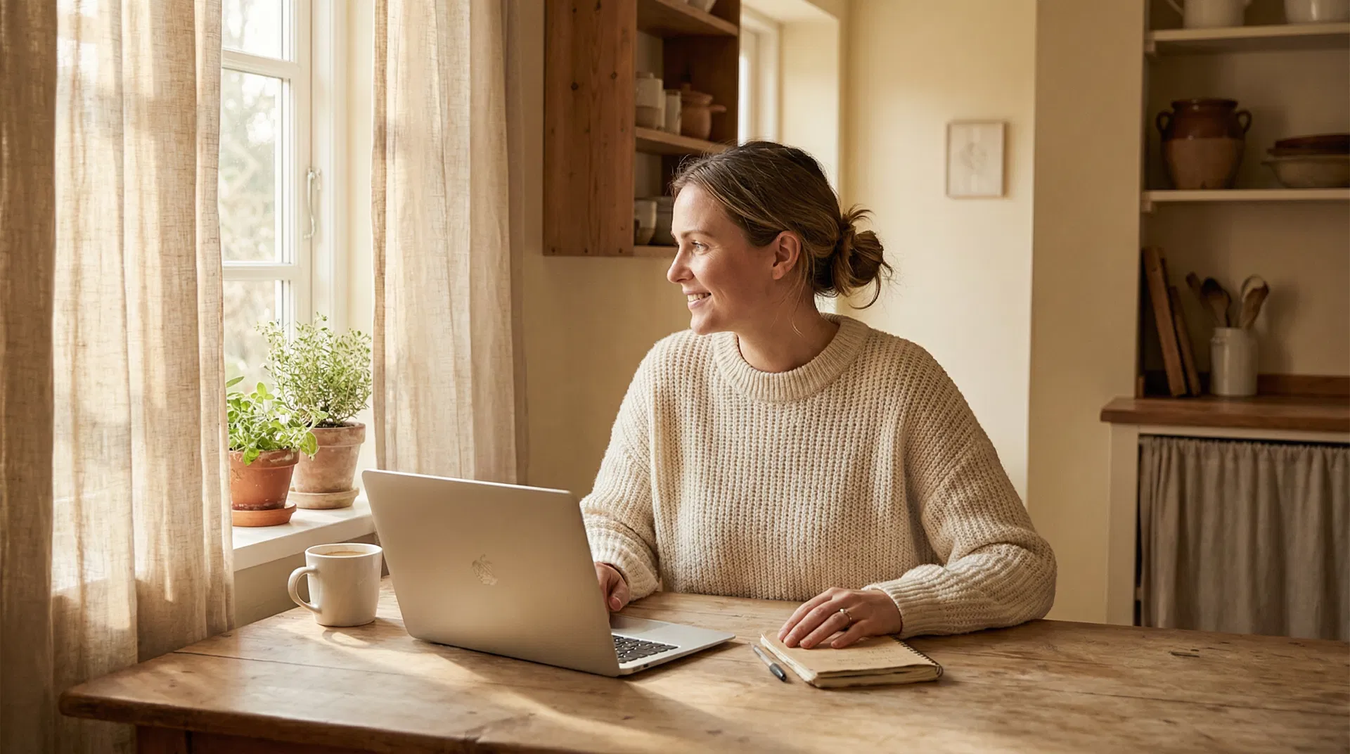 Mom working from home at kitchen table with laptop and coffee