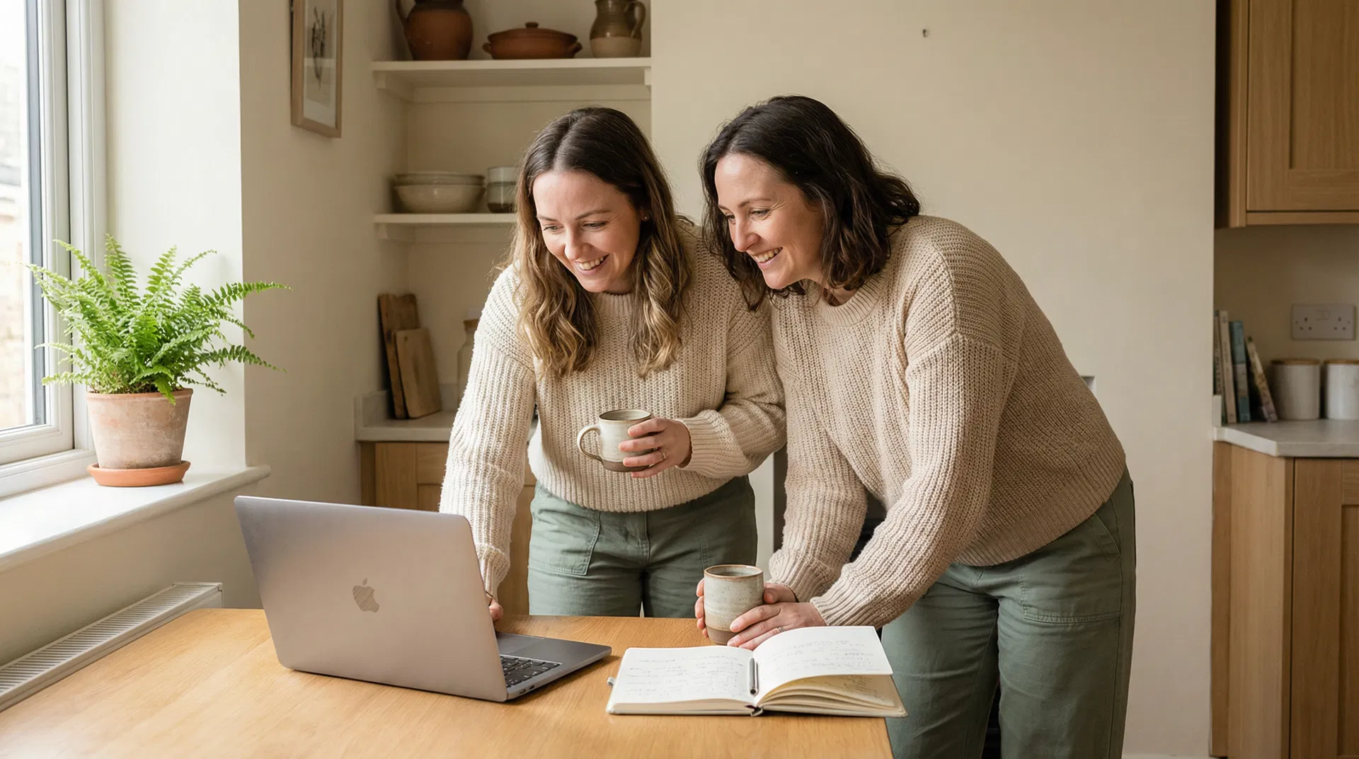 Two moms looking at laptop together, smiling