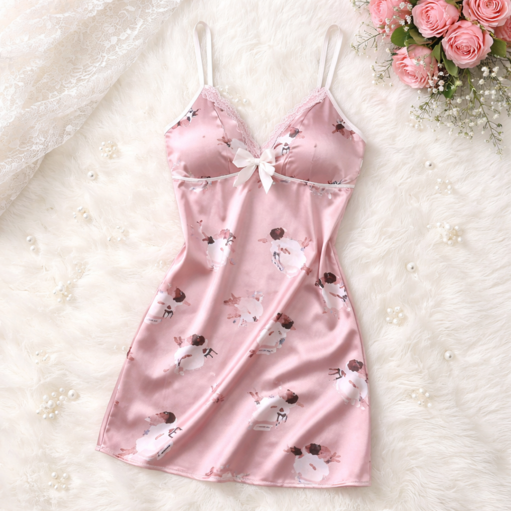 Satin Lace Trim Sleep Dress Set - alternate