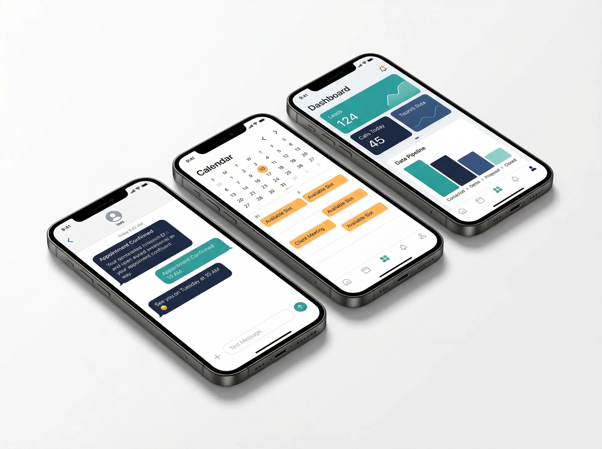 Bizipro business systems — SMS, calendar booking, and CRM dashboard on iPhone