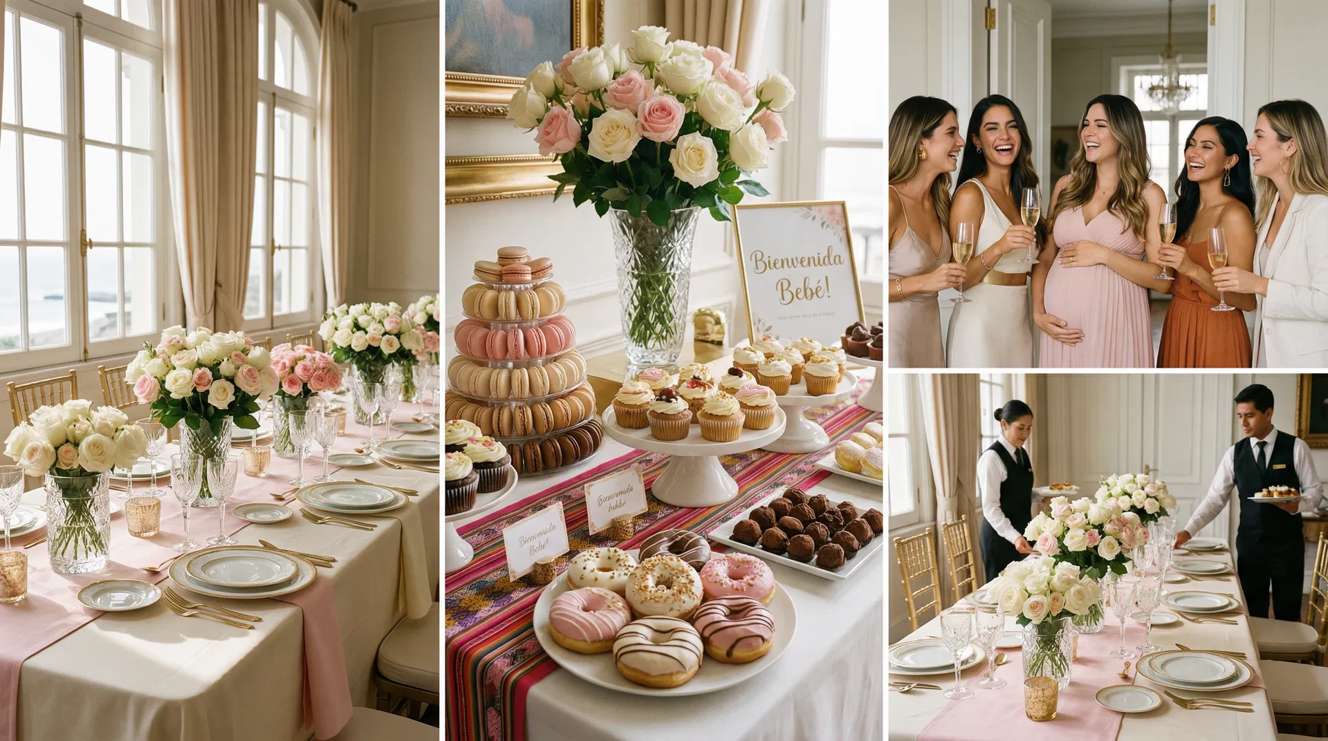 Elegante celebración de Baby Shower en Lima con mesa de dulces, flores frescas y decoración sofisticada