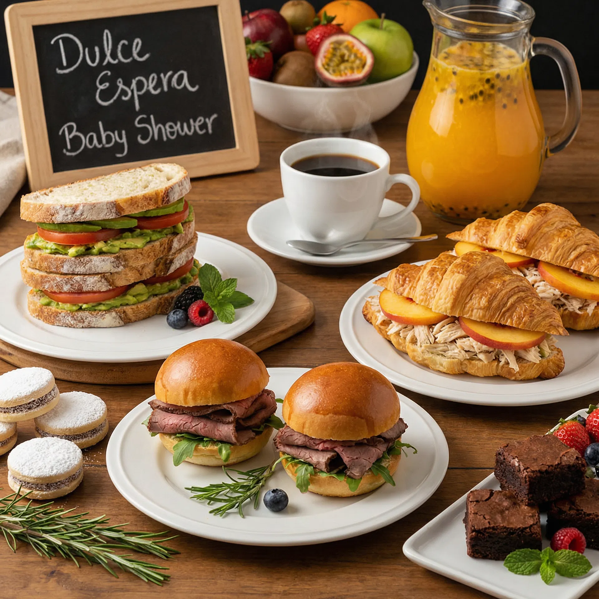 Paquete Dulce Espera: sándwiches artesanales, café pasado y bebidas naturales para Baby Shower