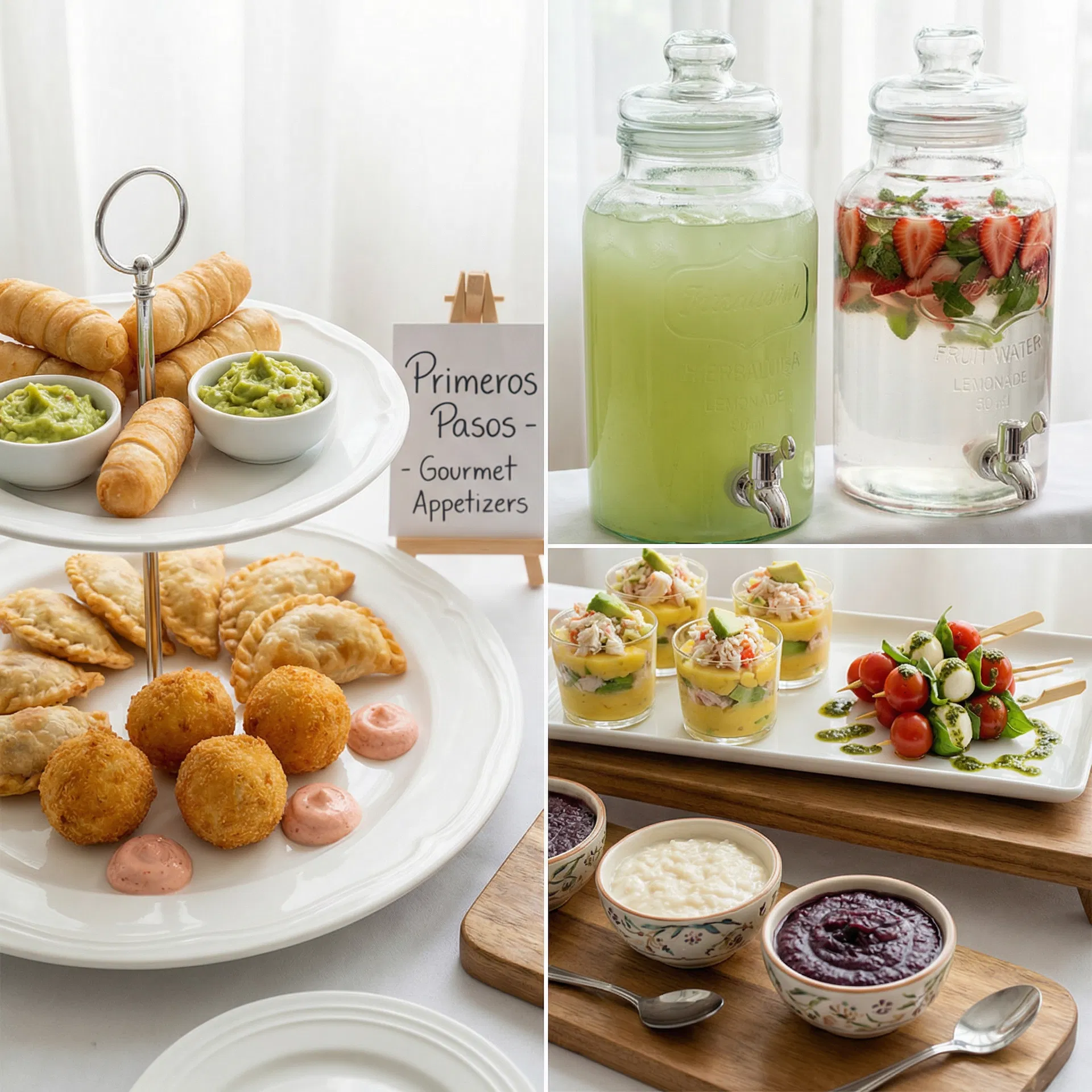 Paquete Primeros Pasos: piqueos calientes, bocaditos gourmet y estación de bebidas Mom-Tail