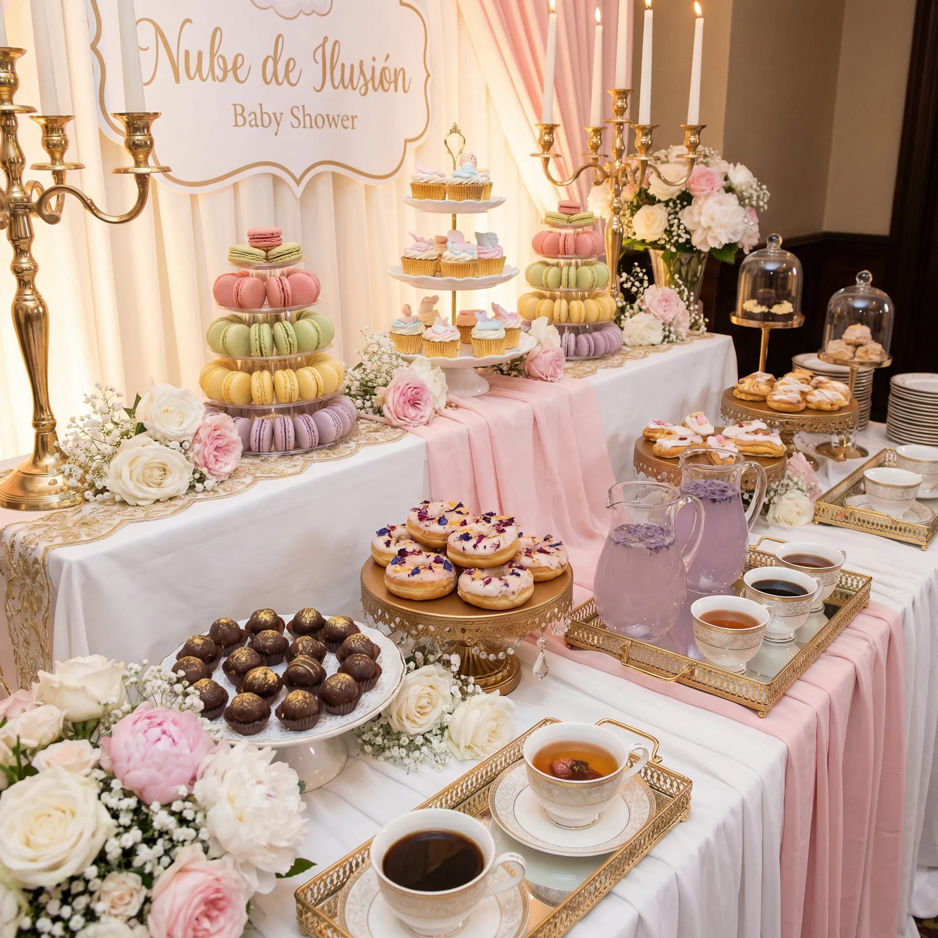 Paquete Nube de Ilusión: mesa de dulces premium con macarons, cupcakes y decoración floral elegante