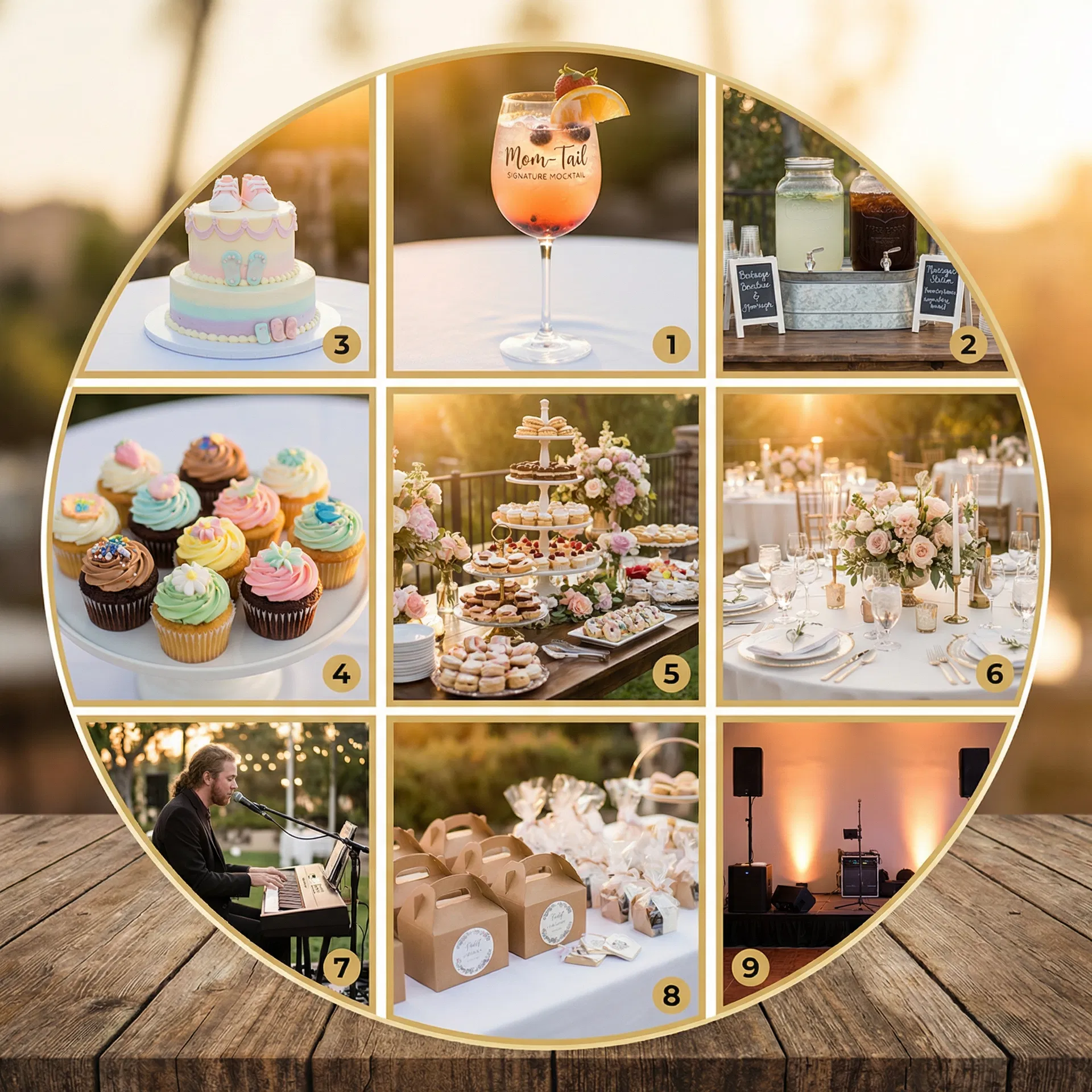 Servicios adicionales de Baby Shower: Mom-Tail, decoración, torta temática, cupcakes, mesa de dulces, show, recuerdos y equipo de sonido