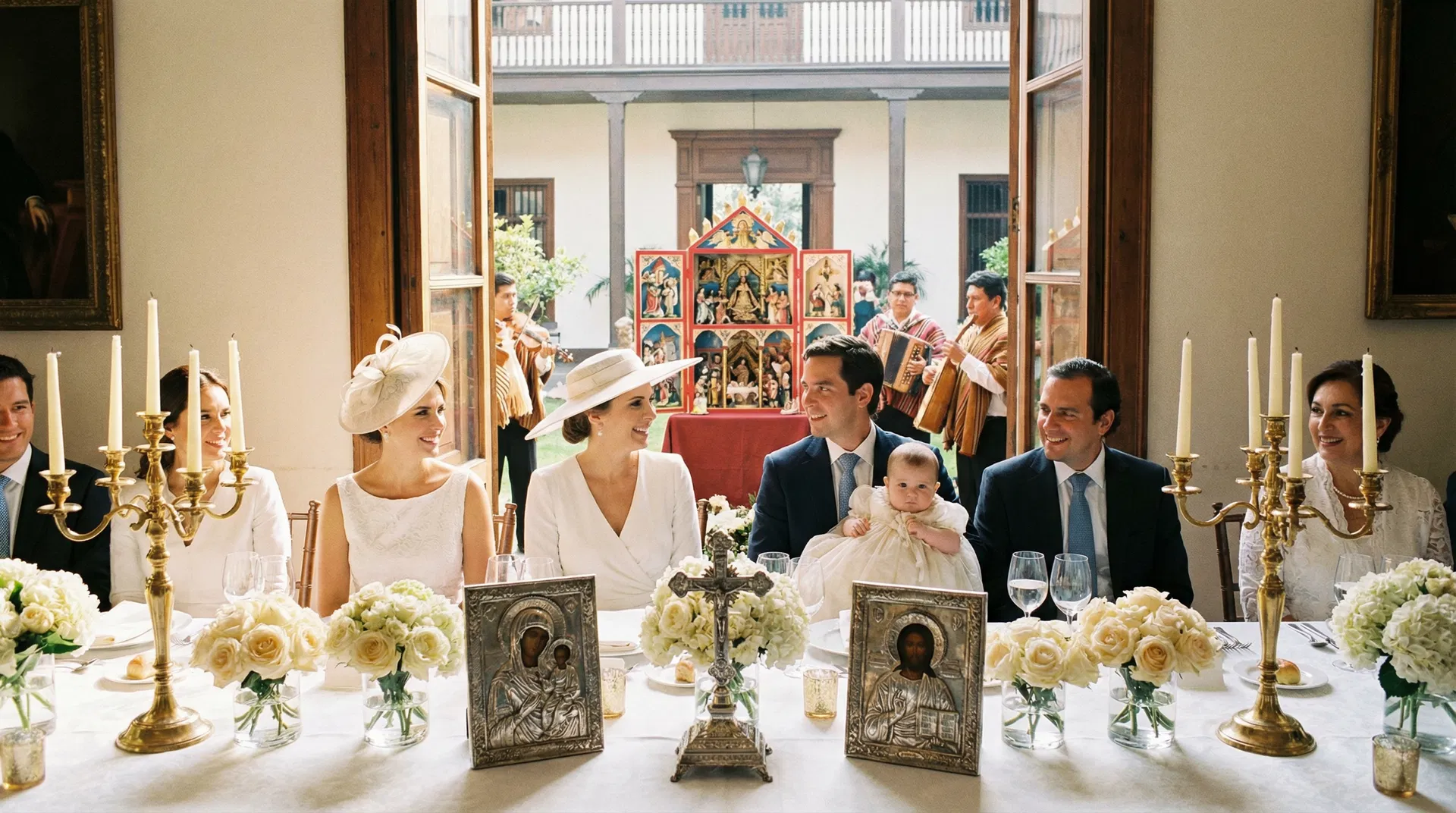 Elegante celebración de bautizo en Lima con mesa formal, flores blancas, velas doradas y familia en ambiente sagrado