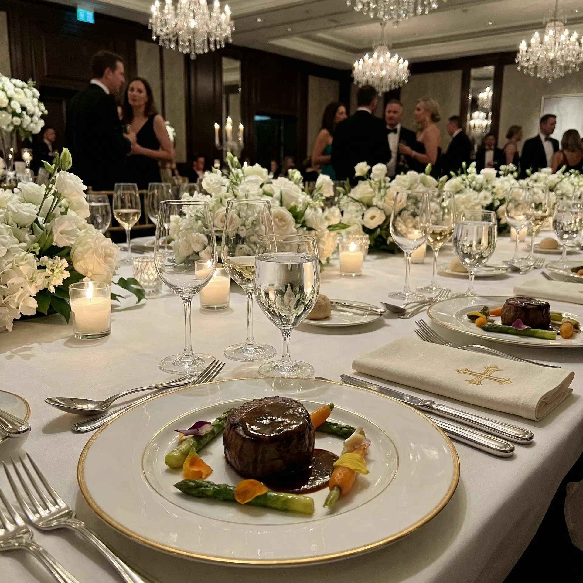 Paquete Ángel de Luz: cena gala premium con medallón de lomo, mesa de dulces, servicio hotelero completo para bautizo