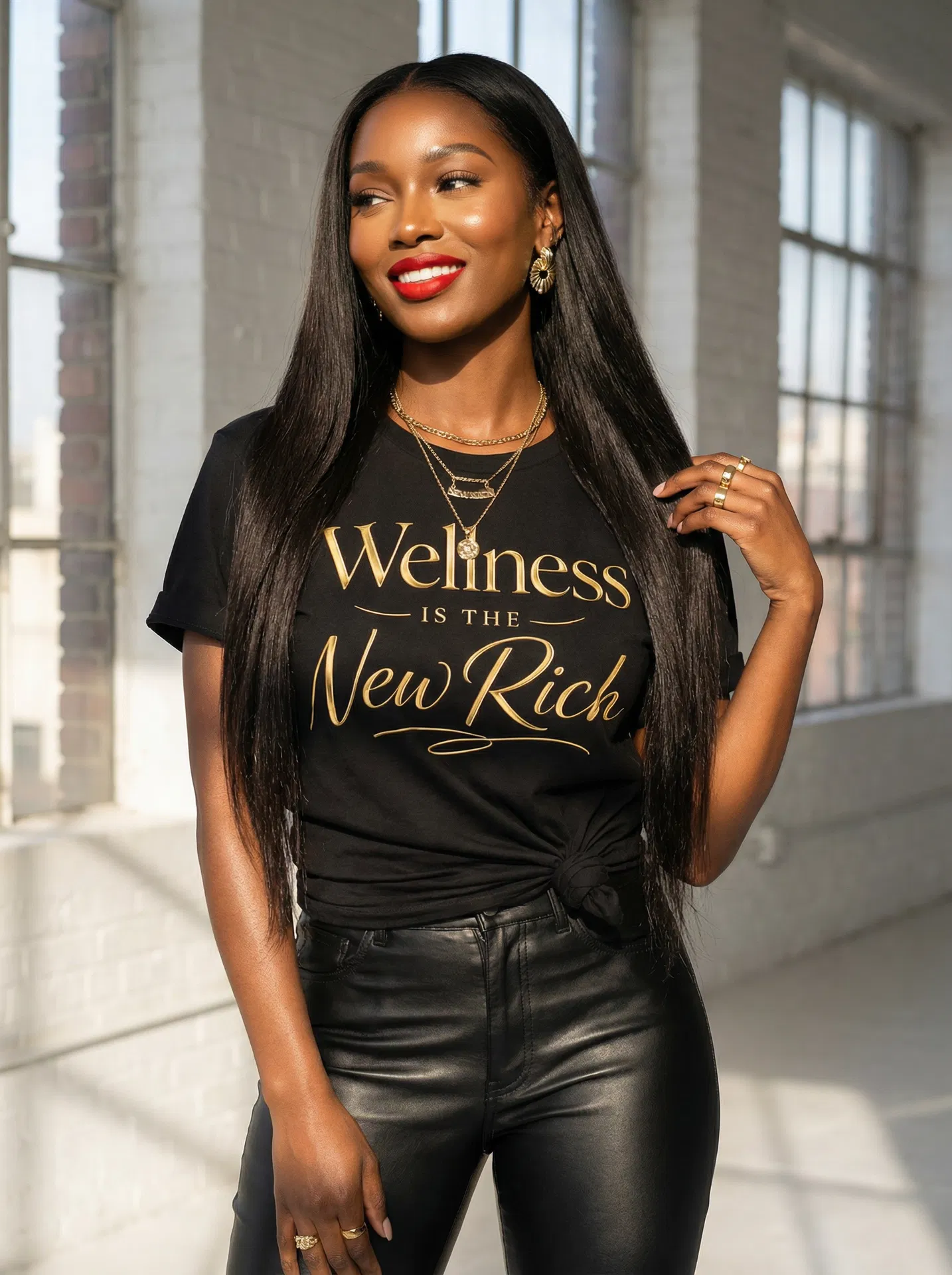 Wellness Is The New Rich black tee on model