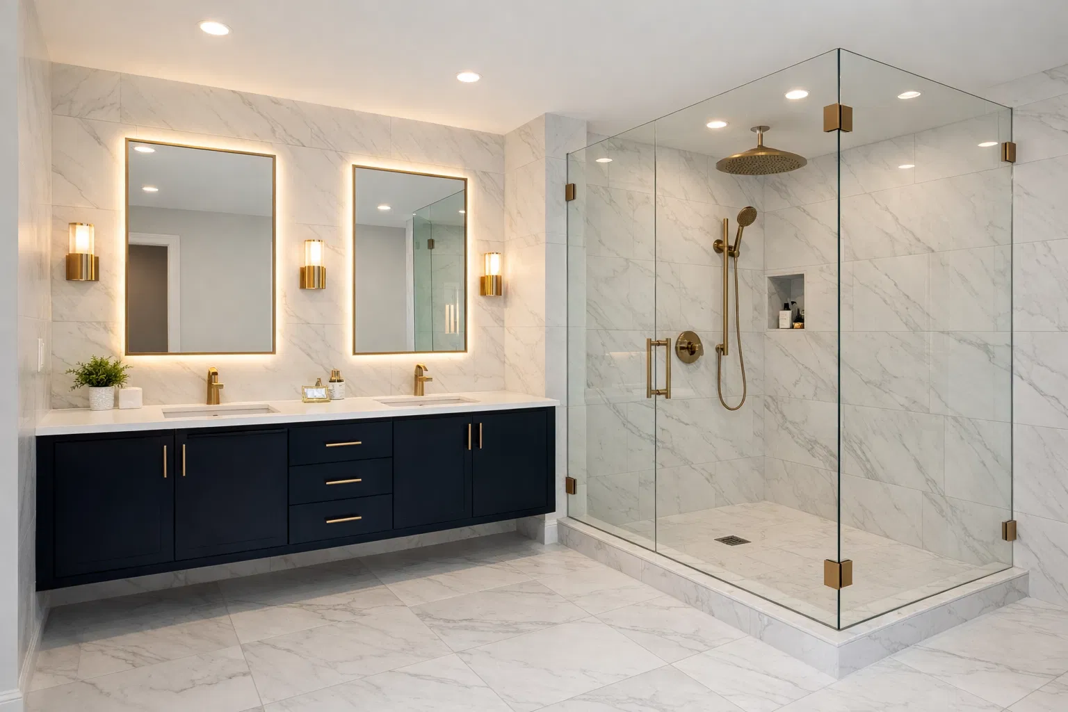 Luxury master bathroom remodel with marble tile in Ellicott City MD