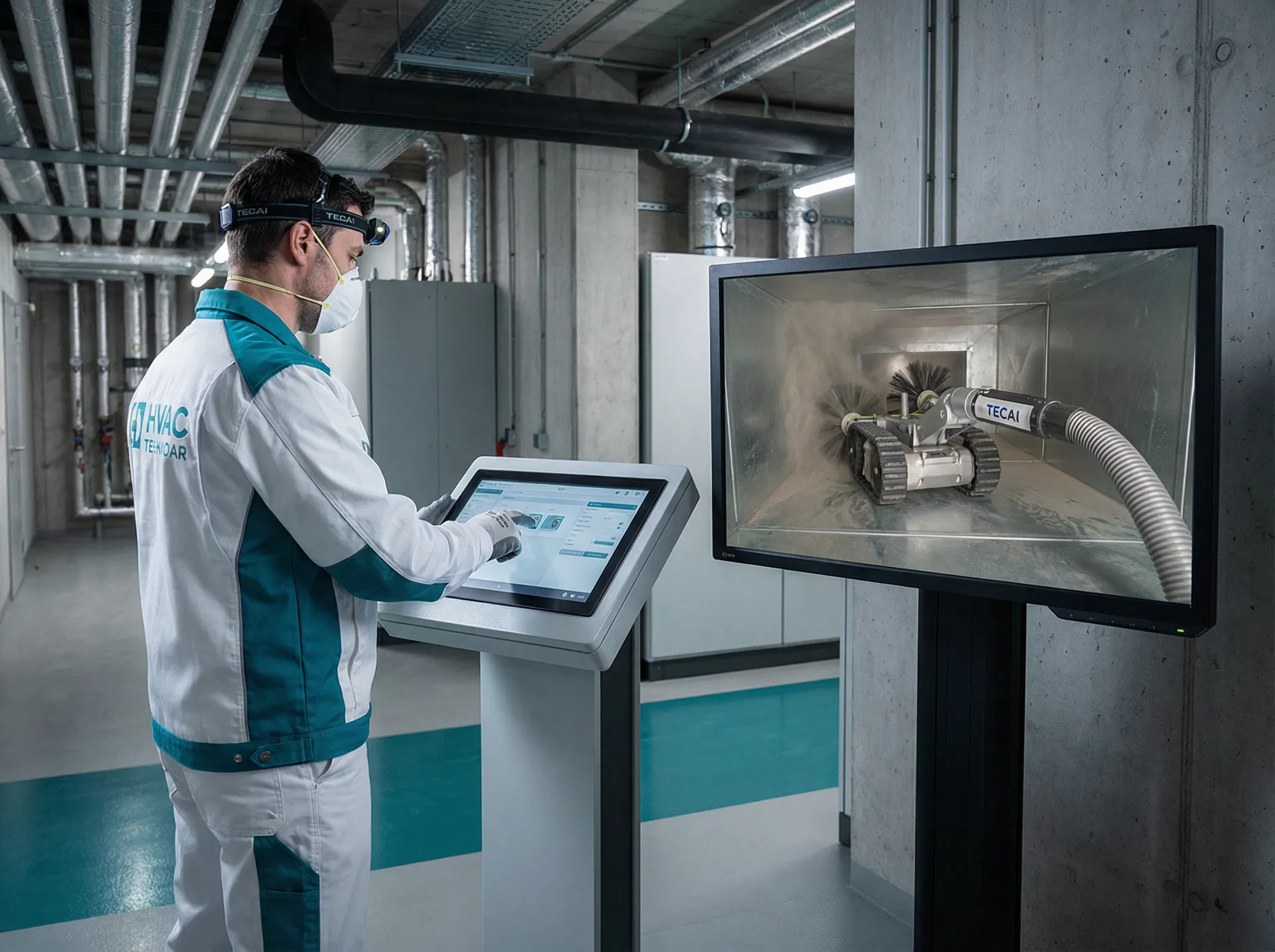 Técnico a operar equipamento VentusClean para limpeza AVAC