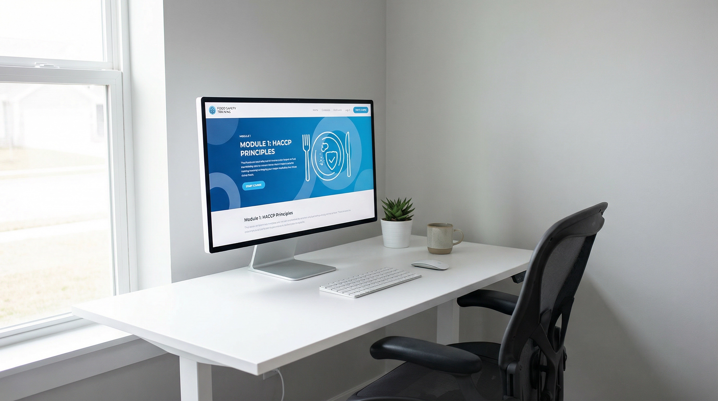 Modern home office setup for online ServSafe training with monitor keyboard and mouse