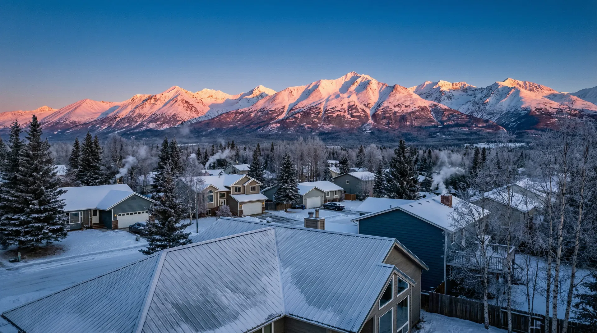 Anchorage Alaska neighborhood with snow-covered roofs and Chugach Mountains at sunrise
