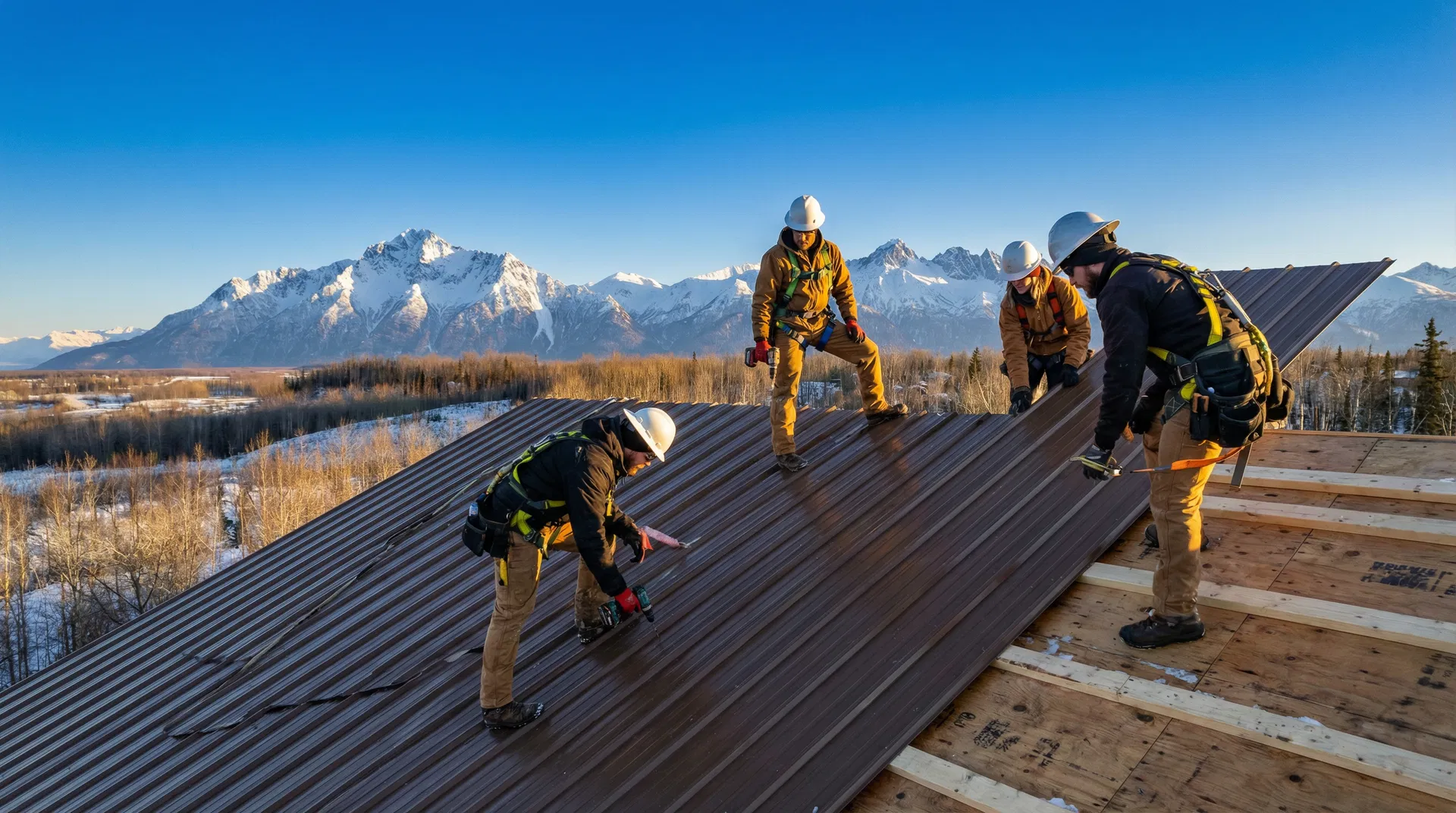 Roofing crew working on a home in Anchorage Alaska with Chugach Mountains in background
