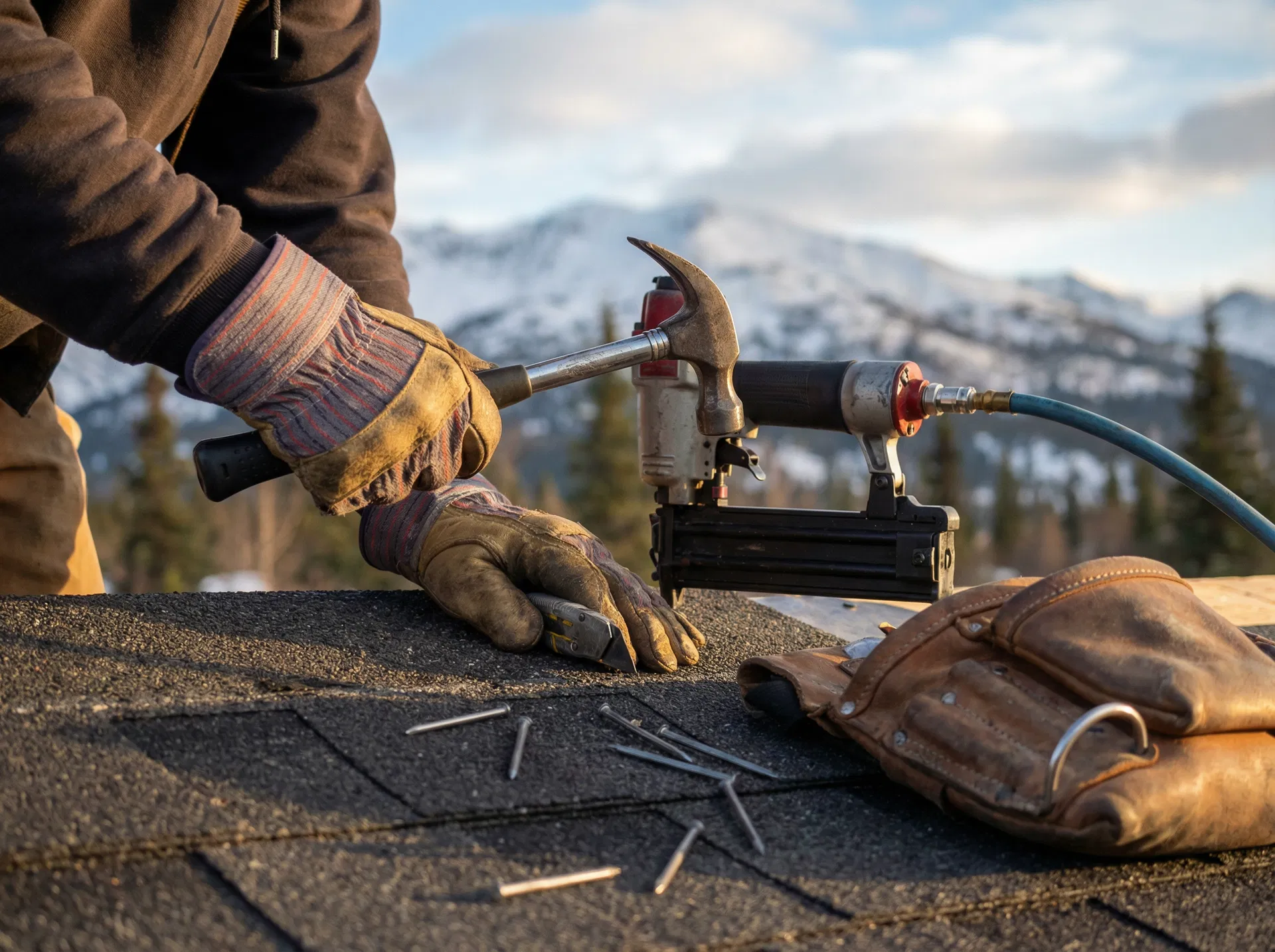 Close-up of roof repair work being done in Anchorage Alaska