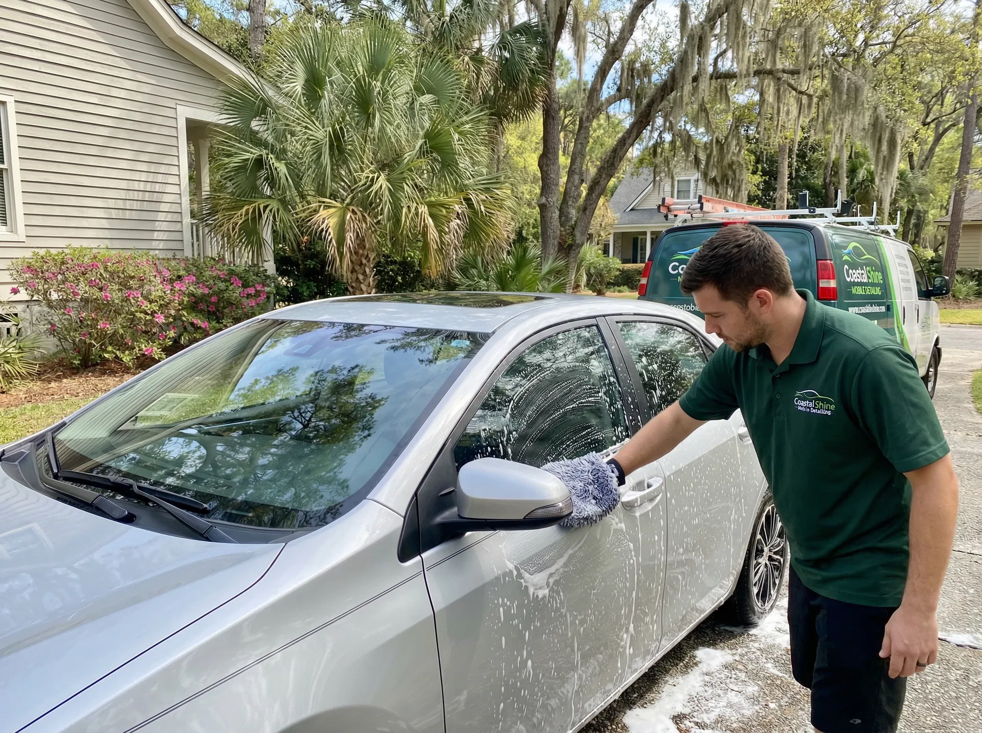 Professional mobile car detailing technician hand-washing a sedan in a Johns Island driveway