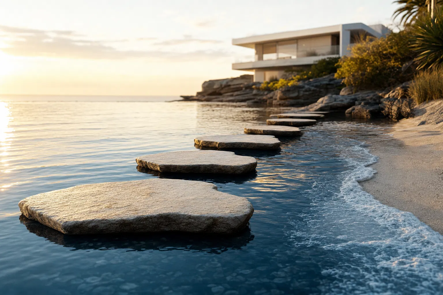 Coastal stepping stones leading toward a modern beachfront home