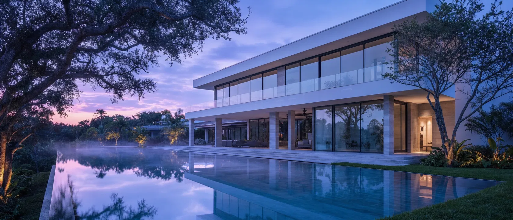 Pinecrest, Miami spec estate — dawn hero render with blue-hour sky and mirror-still pool