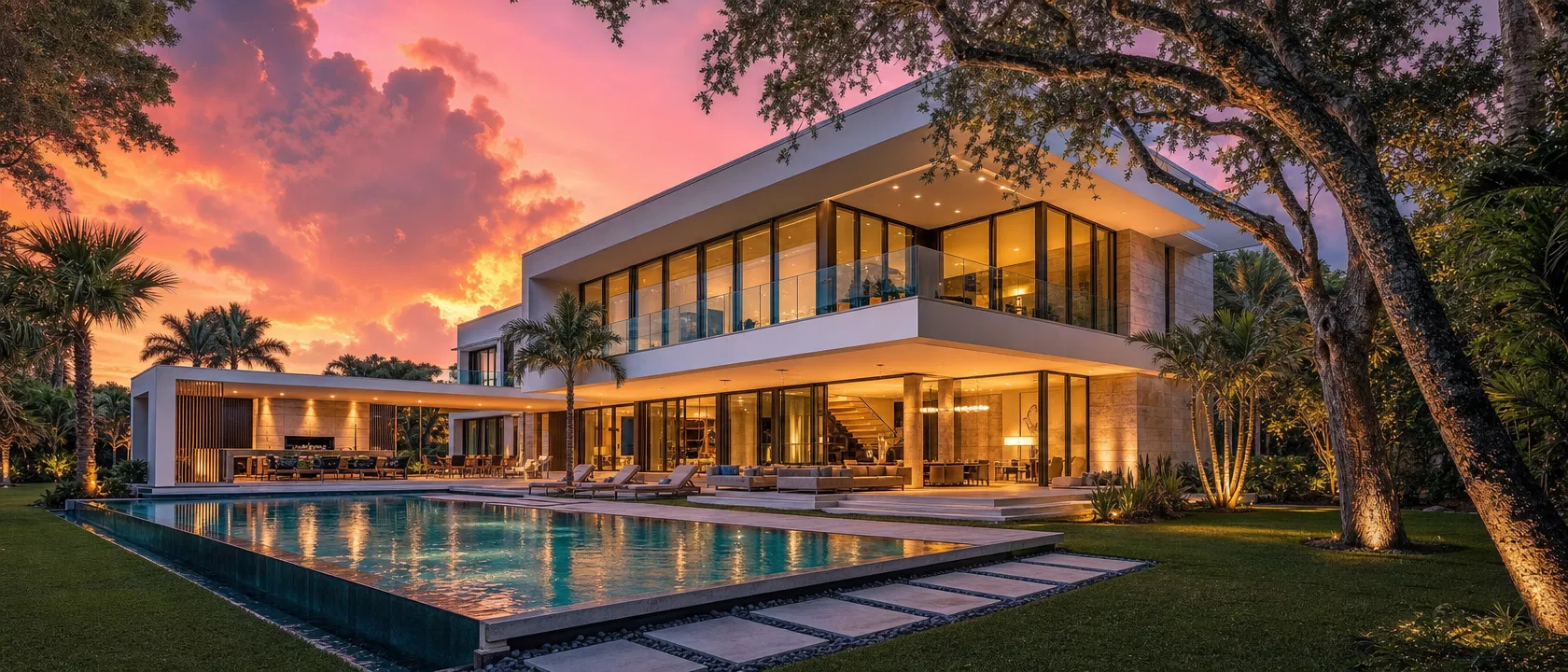 Pinecrest, Miami spec estate — dusk hero render with golden-hour sky and infinity pool